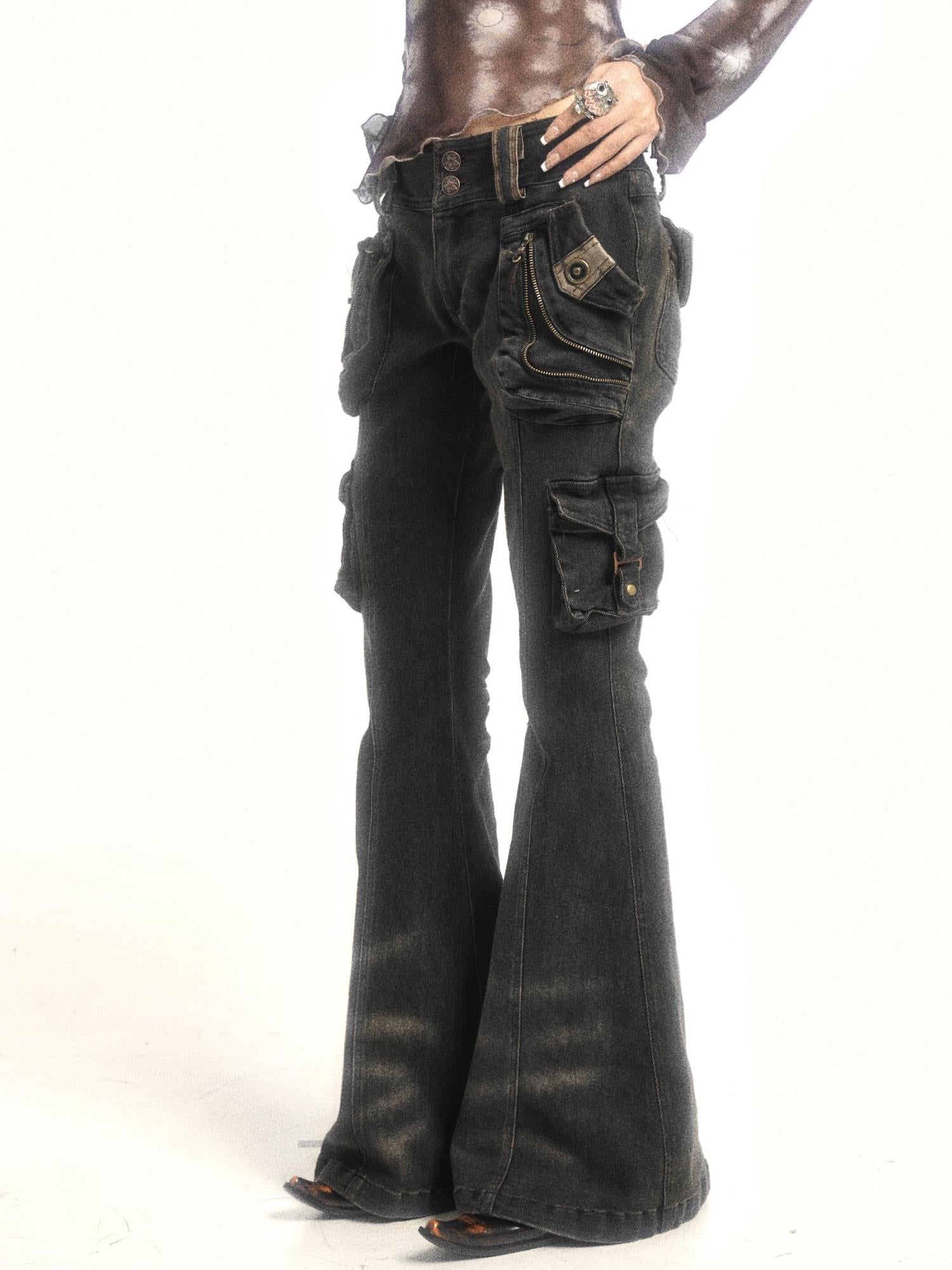 Flowers birds Market Vintage Flared Denim Pants Multi Pocket Stretch Cotton Low Rise Grey