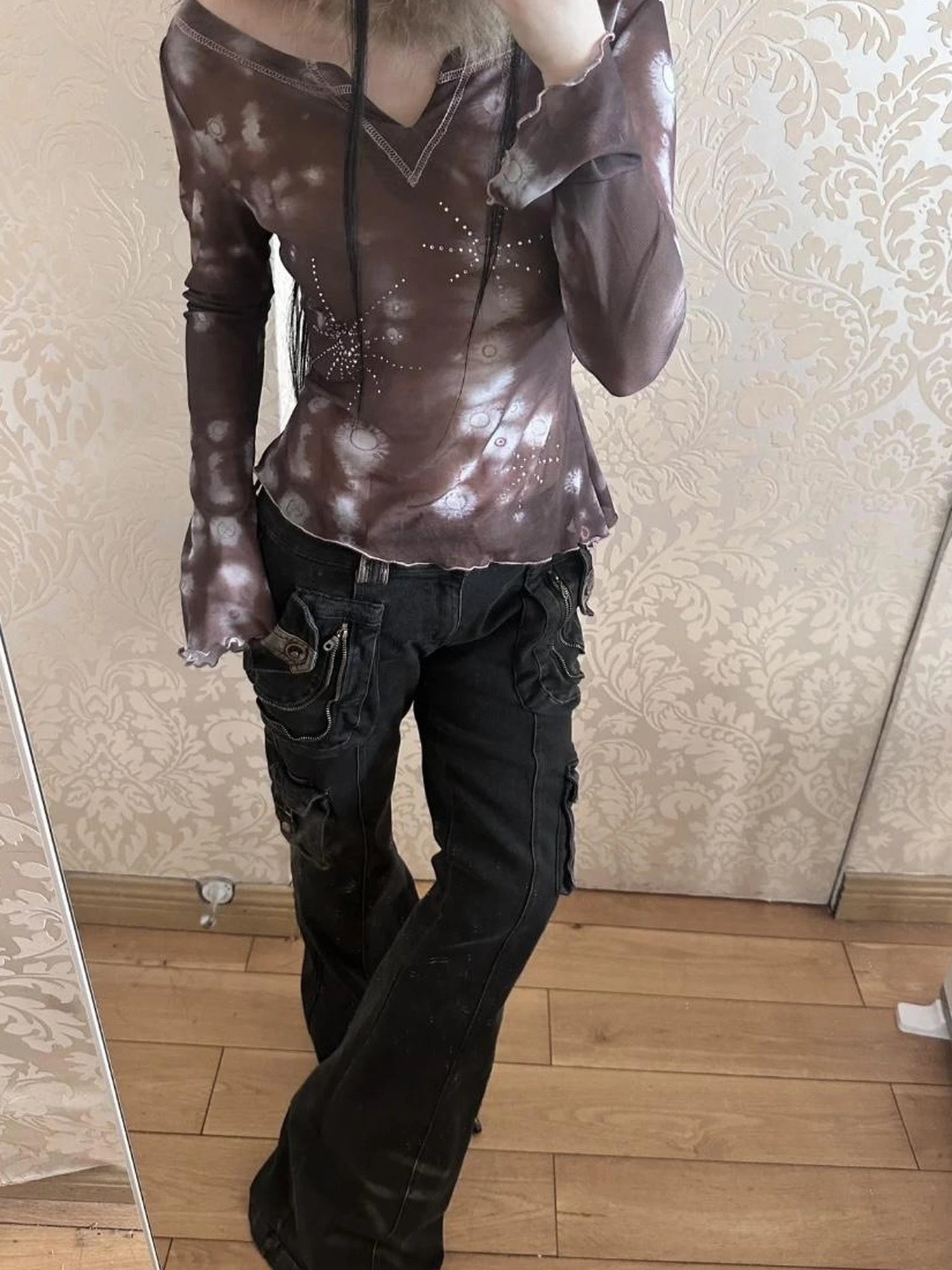 Vintage  Denim Pants Multi Pocket Stretch Cotton Low Rise Grey