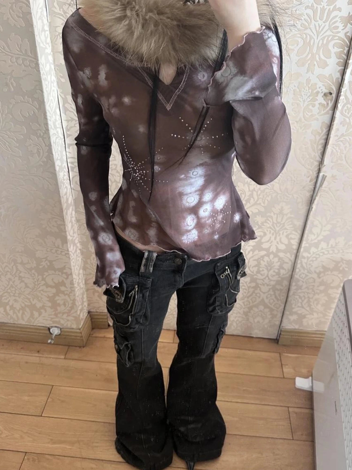 Vintage  Denim Pants Multi Pocket Stretch Cotton Low Rise Grey