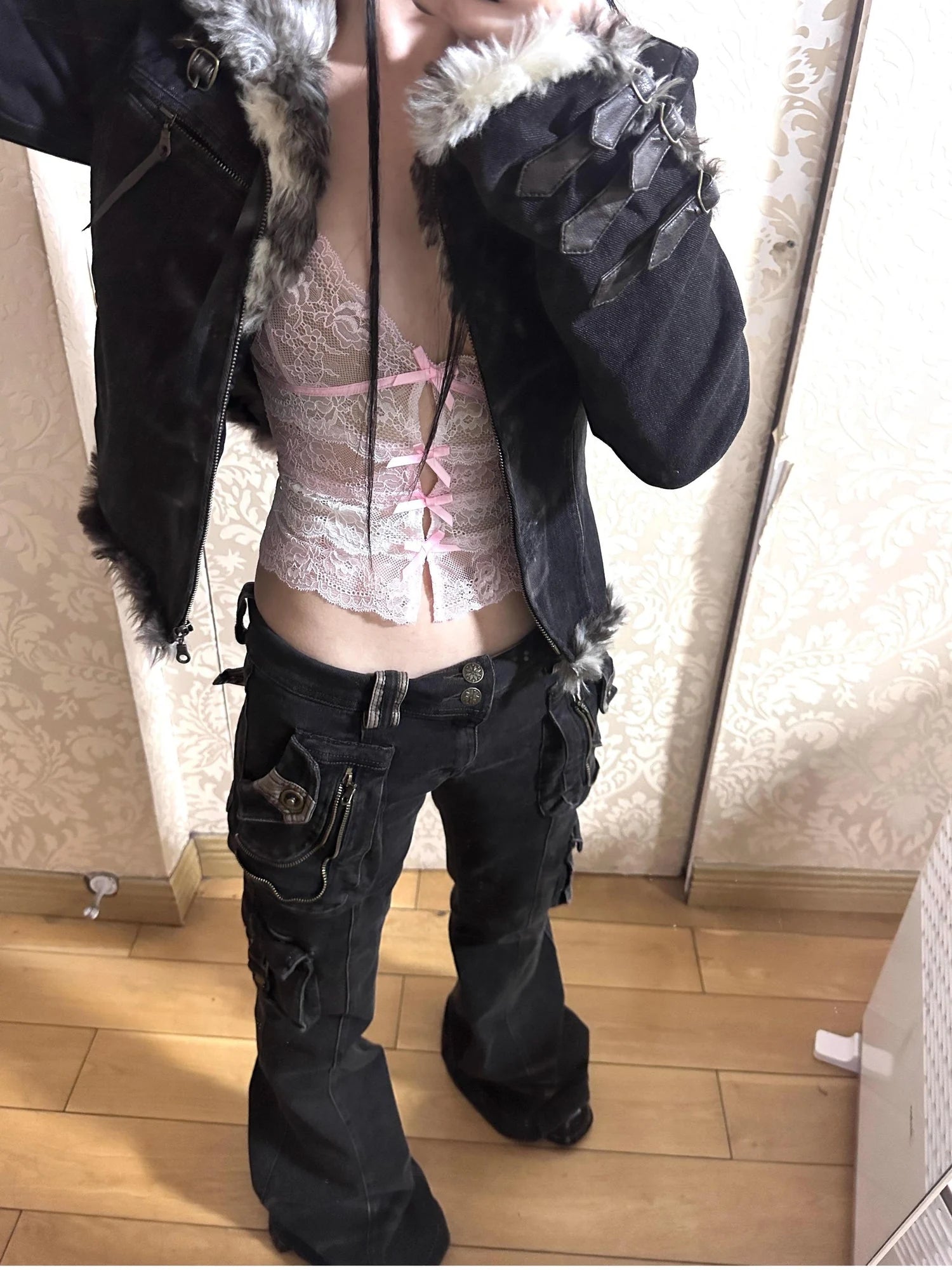 Vintage  Denim Pants Multi Pocket Stretch Cotton Low Rise Grey