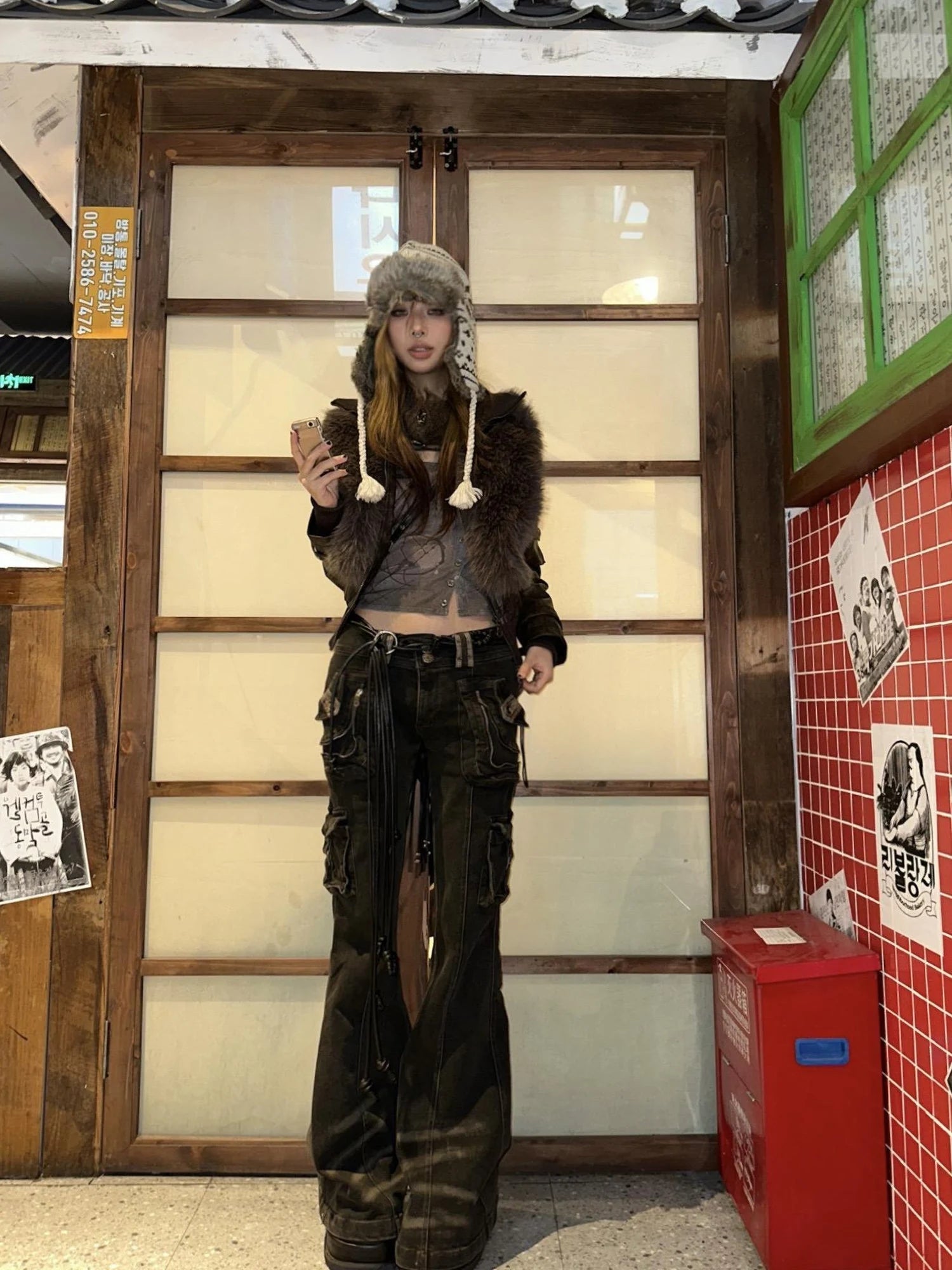 Vintage  Denim Pants Multi Pocket Stretch Cotton Low Rise Grey