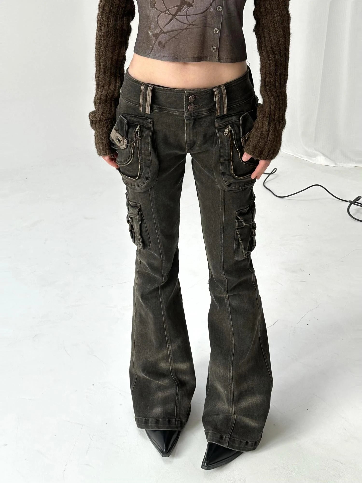 Vintage  Denim Pants Multi Pocket Stretch Cotton Low Rise Grey