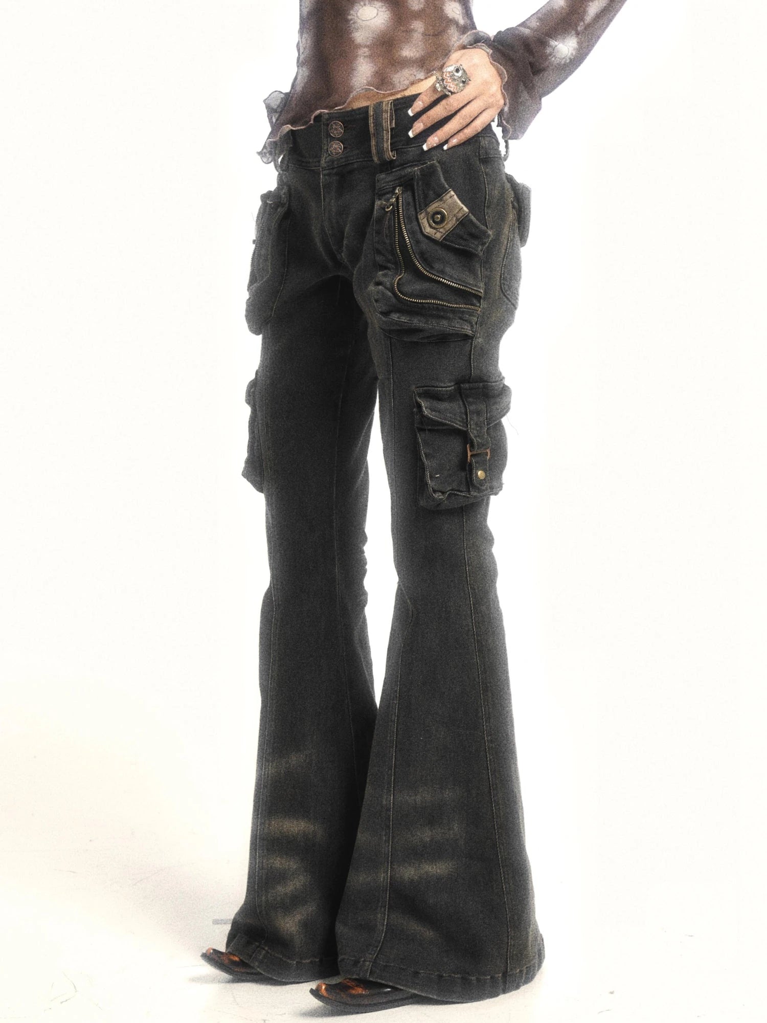 Vintage  Denim Pants Multi Pocket Stretch Cotton Low Rise Grey