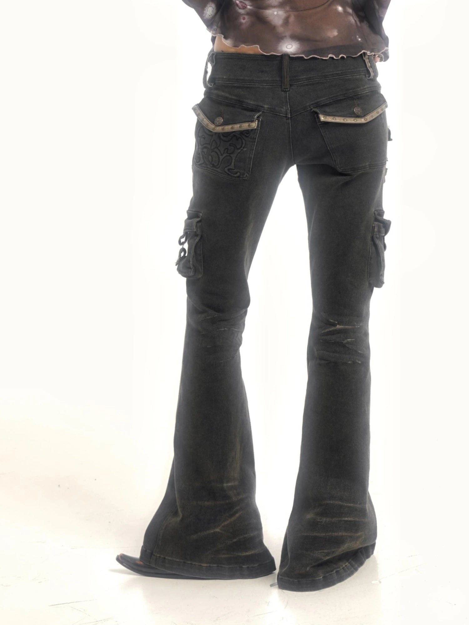 Vintage  Denim Pants Multi Pocket Stretch Cotton Low Rise Grey