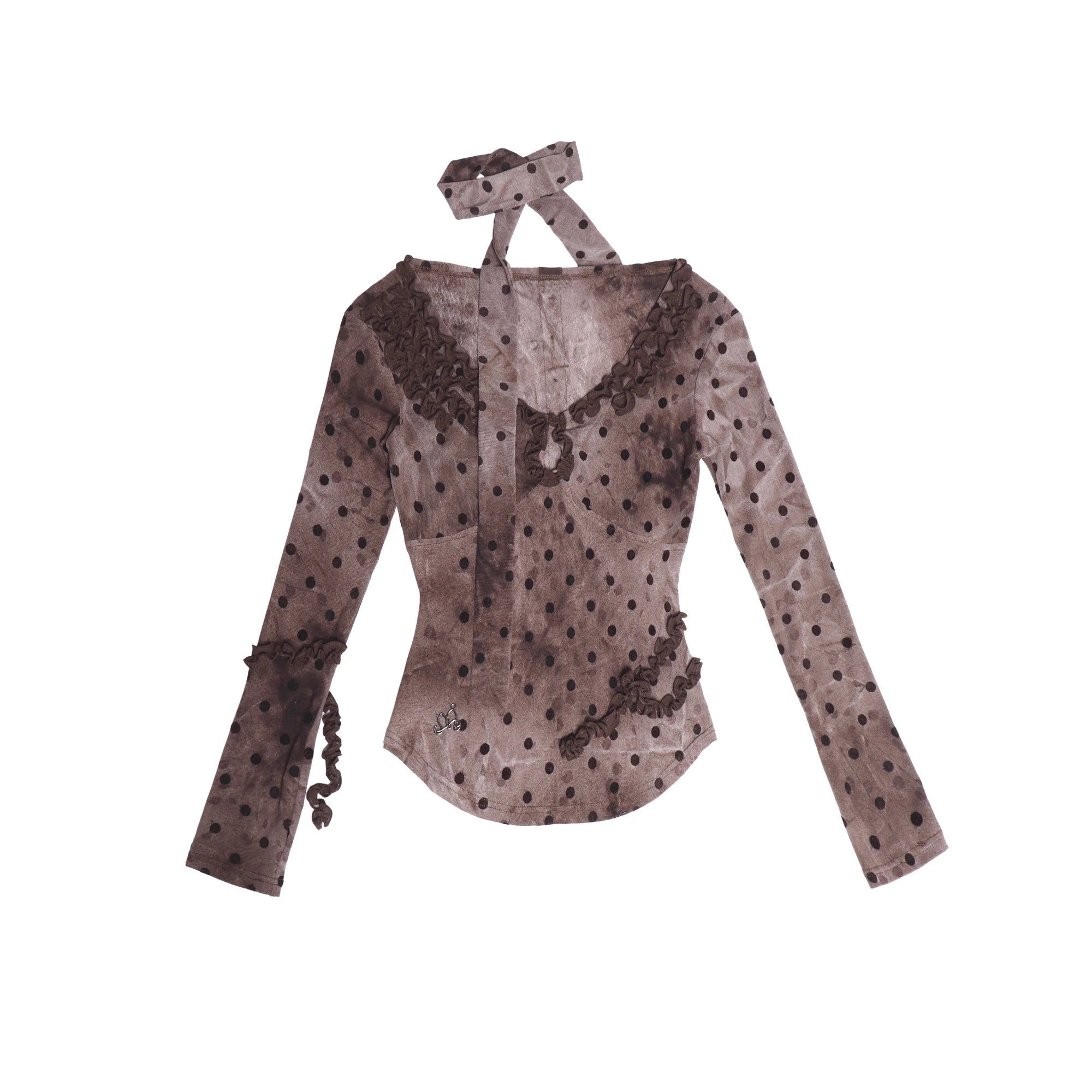 Flowers_birds_Market_Vintage_Polka_Dot_V_Neck_Tie_Detail_Slim_Fit_Long_Sleeve_Women_Brown_T-Shirt_MISSTT