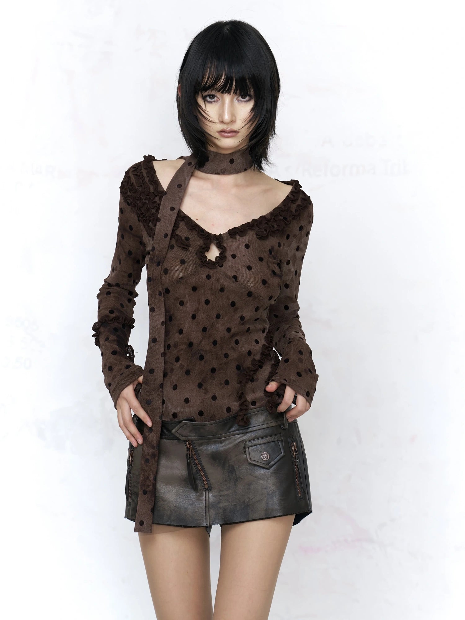 Flowers birds Market Vintage Polka Dot V Neck Tie Detail Slim Fit Long Sleeve Women Brown T-Shirt