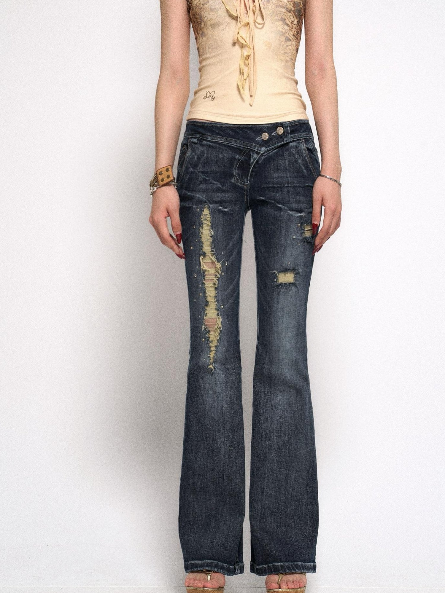 Flowers birds Market Vintage Raw Denim Flared Jeans with Distressed Detailing and Glitter