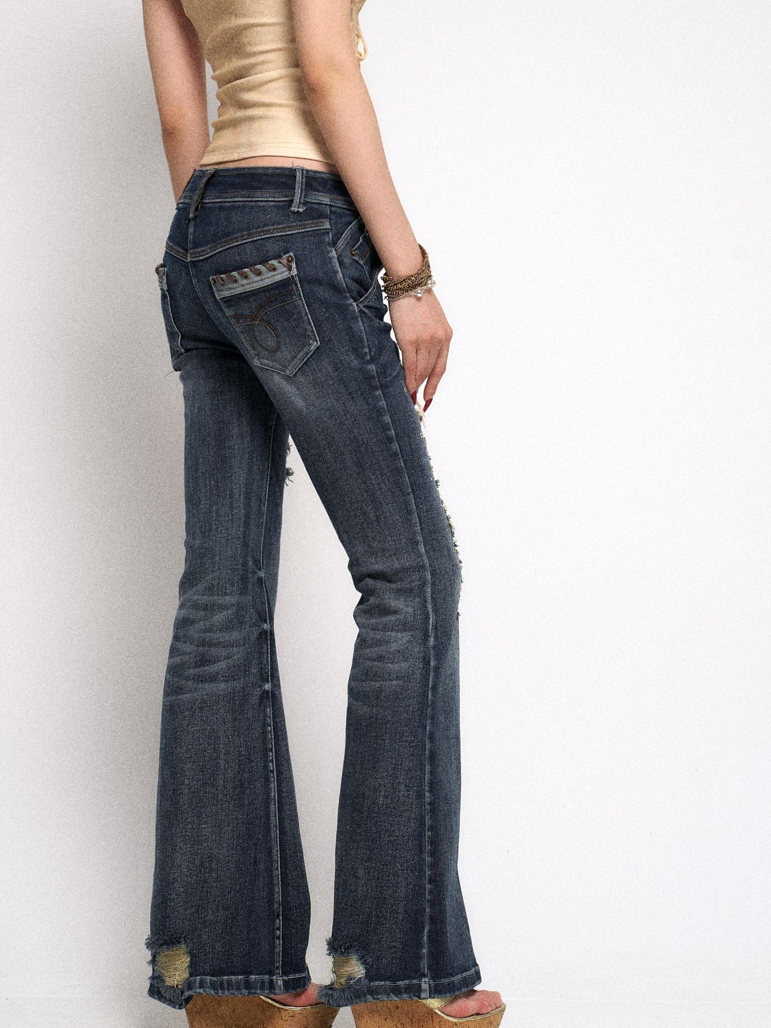 Flowers birds Market Vintage Raw Denim Flared Jeans with Distressed Detailing and Glitter