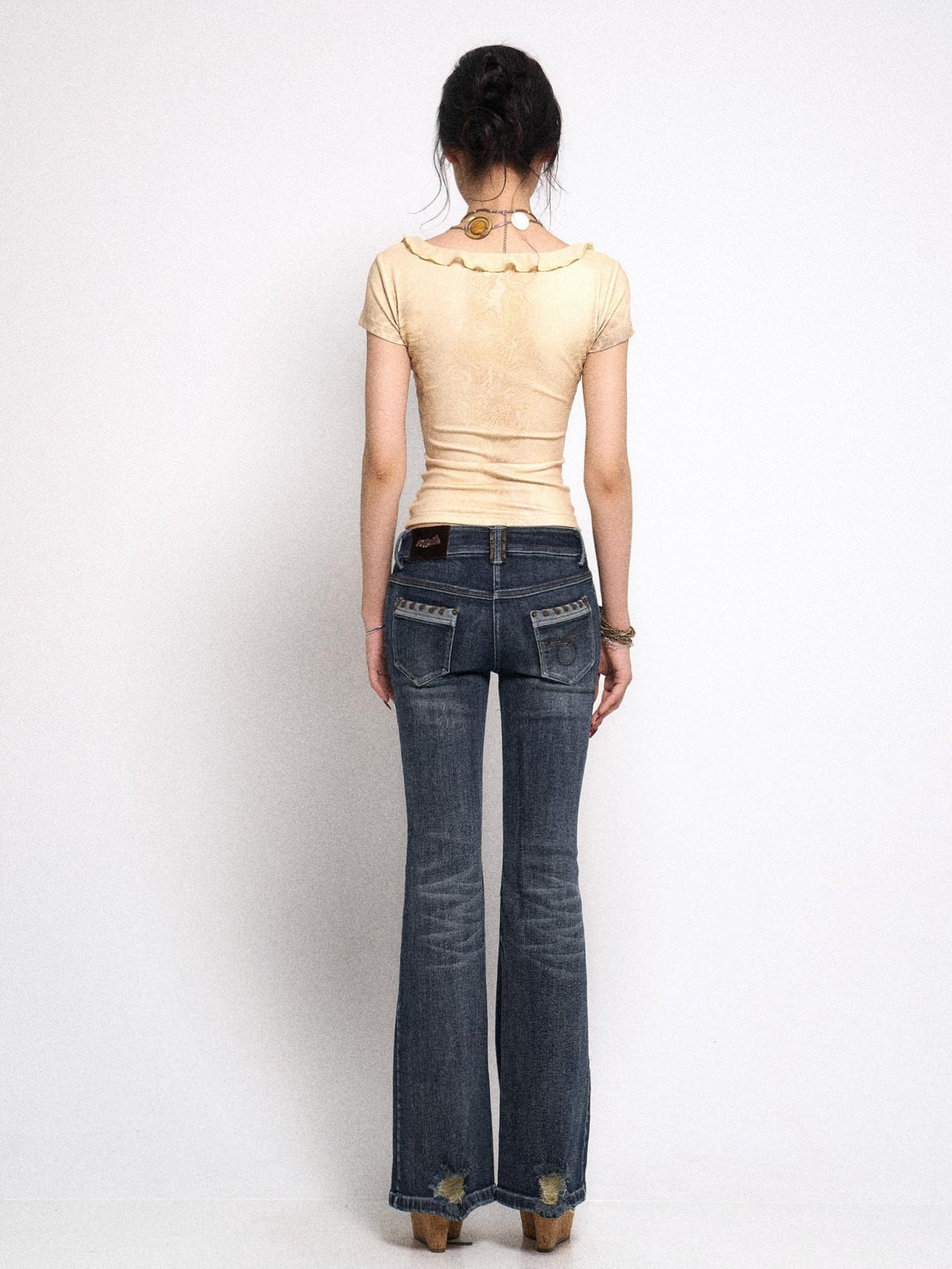Flowers birds Market Vintage Raw Denim Flared Jeans with Distressed Detailing and Glitter