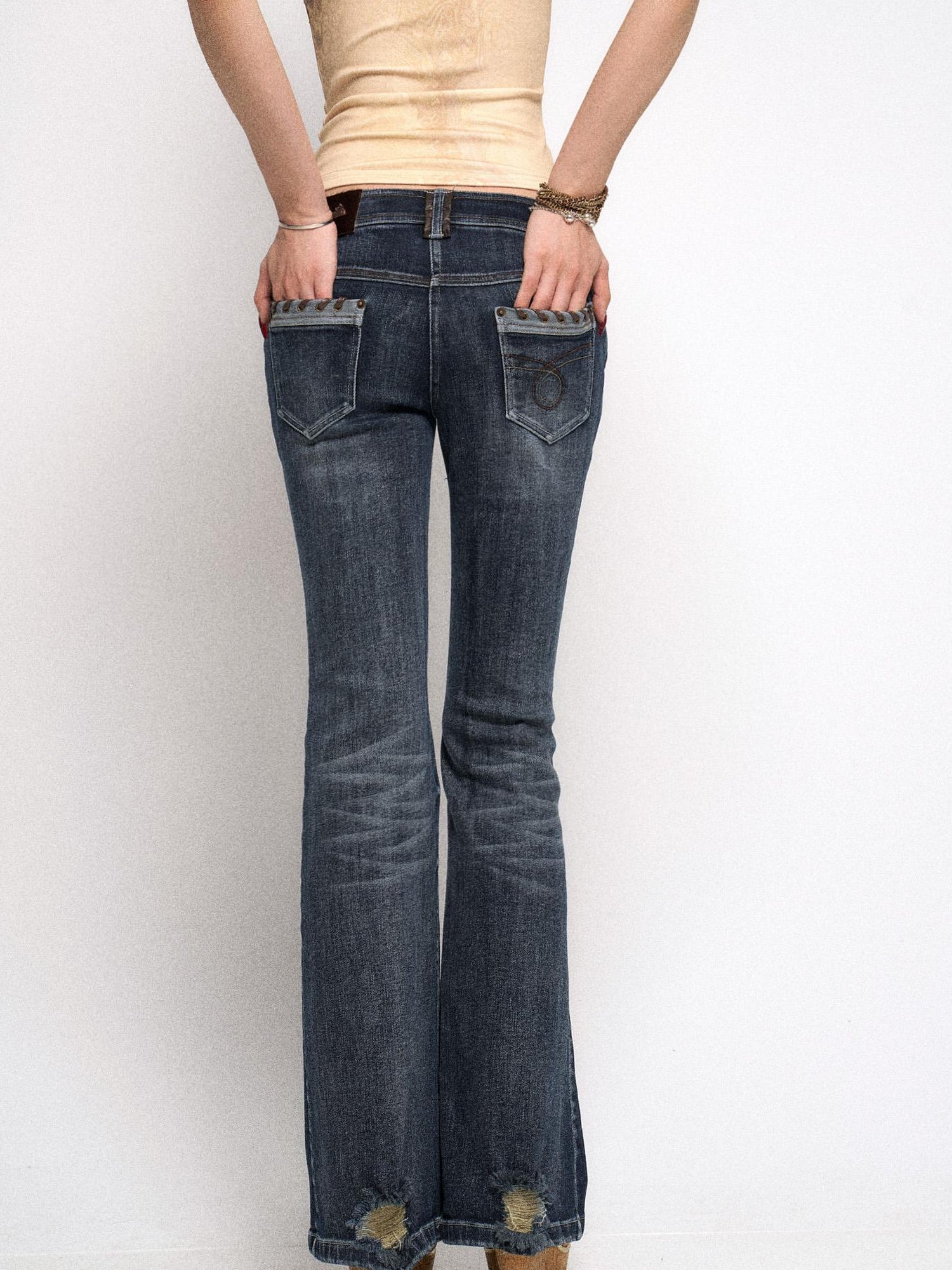 Flowers birds Market Vintage Raw Denim Flared Jeans with Distressed Detailing and Glitter