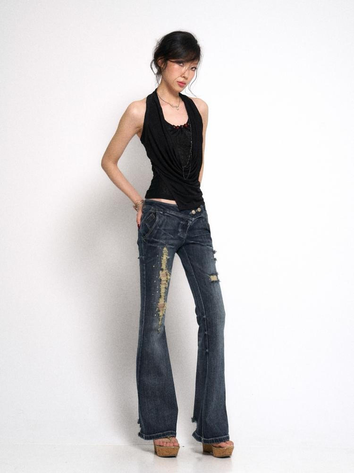 Flowers birds Market Vintage Raw Denim Flared Jeans with Distressed Detailing and Glitter