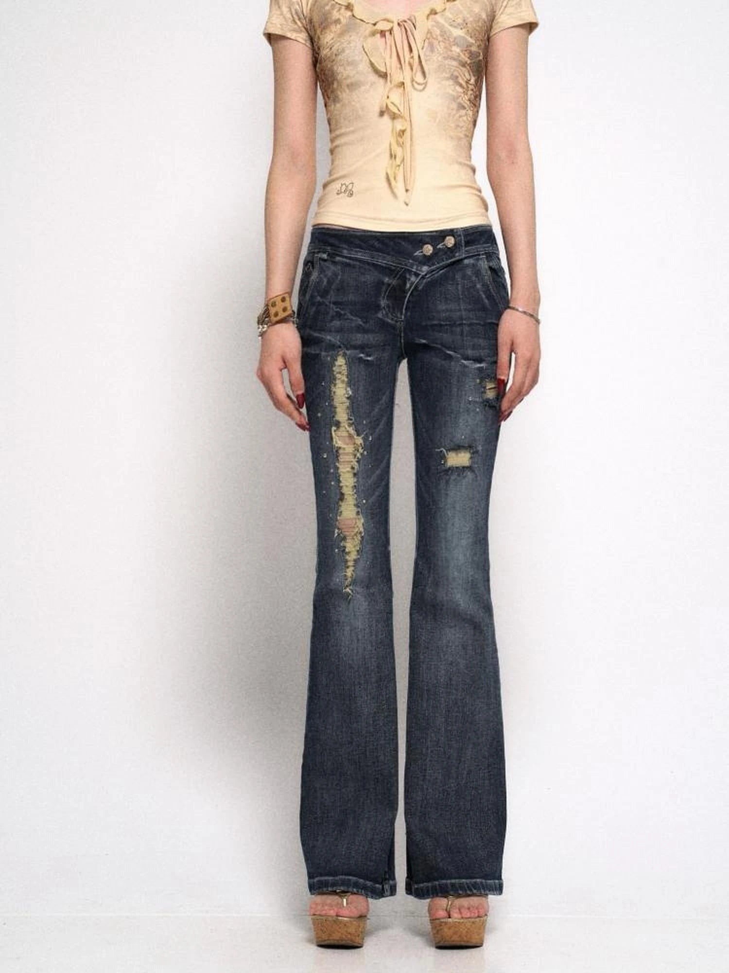 Vintage Raw Denim  Jeans with Distressed Detailing and Glitter