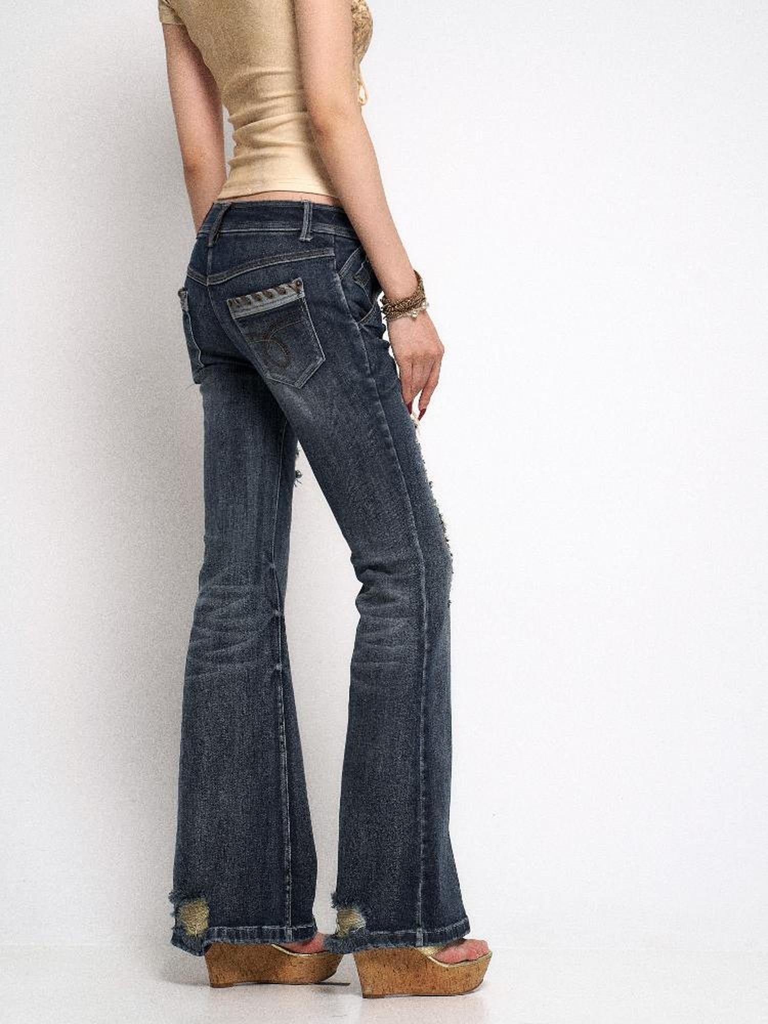 Flowers birds Market Vintage Raw Denim Flared Jeans with Distressed Detailing and Glitter