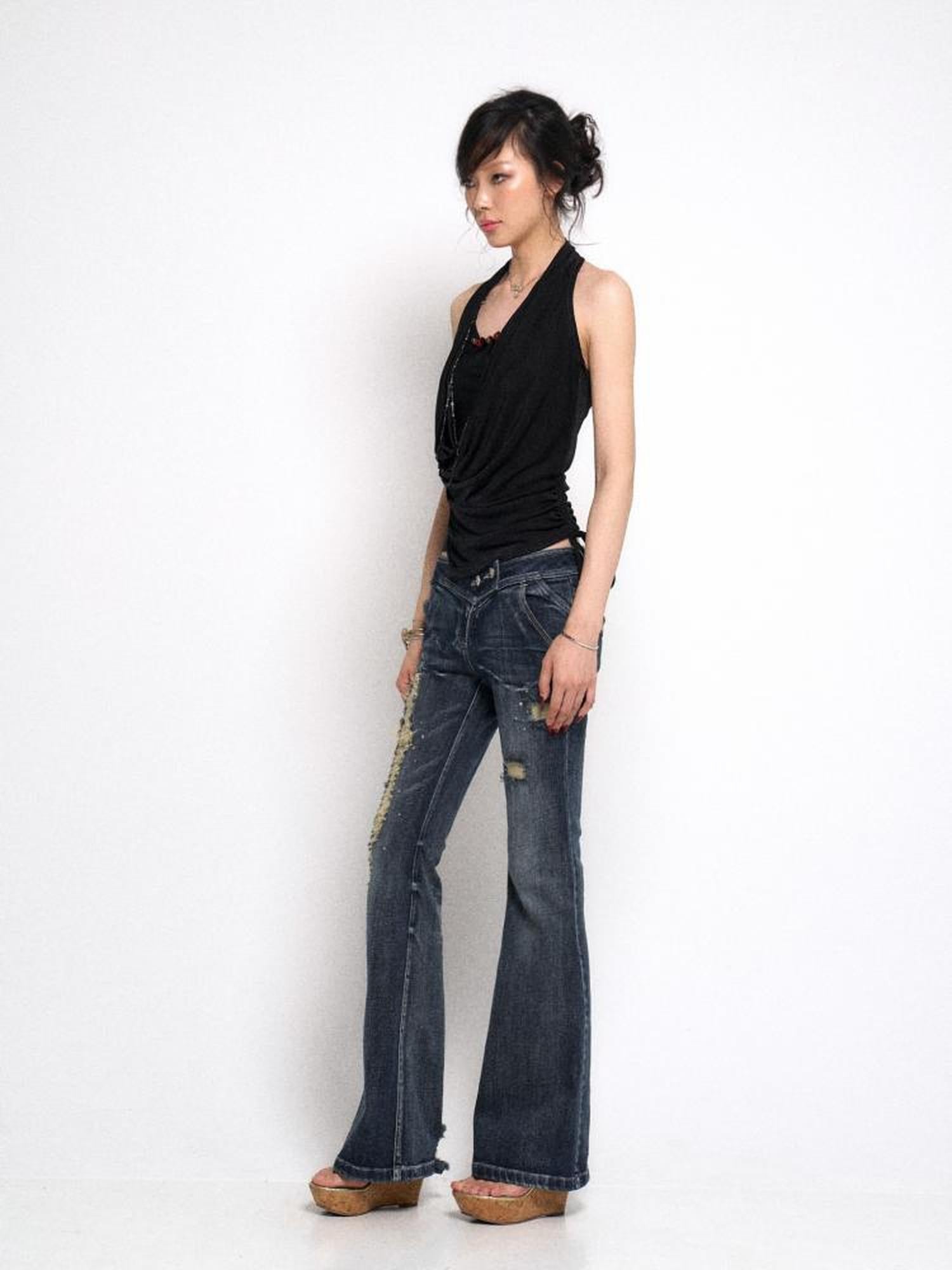 Flowers birds Market Vintage Raw Denim Flared Jeans with Distressed Detailing and Glitter
