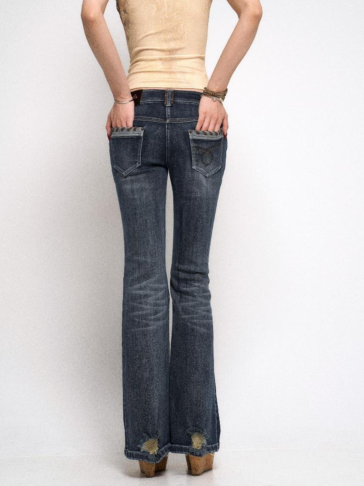 Flowers birds Market Vintage Raw Denim Flared Jeans with Distressed Detailing and Glitter