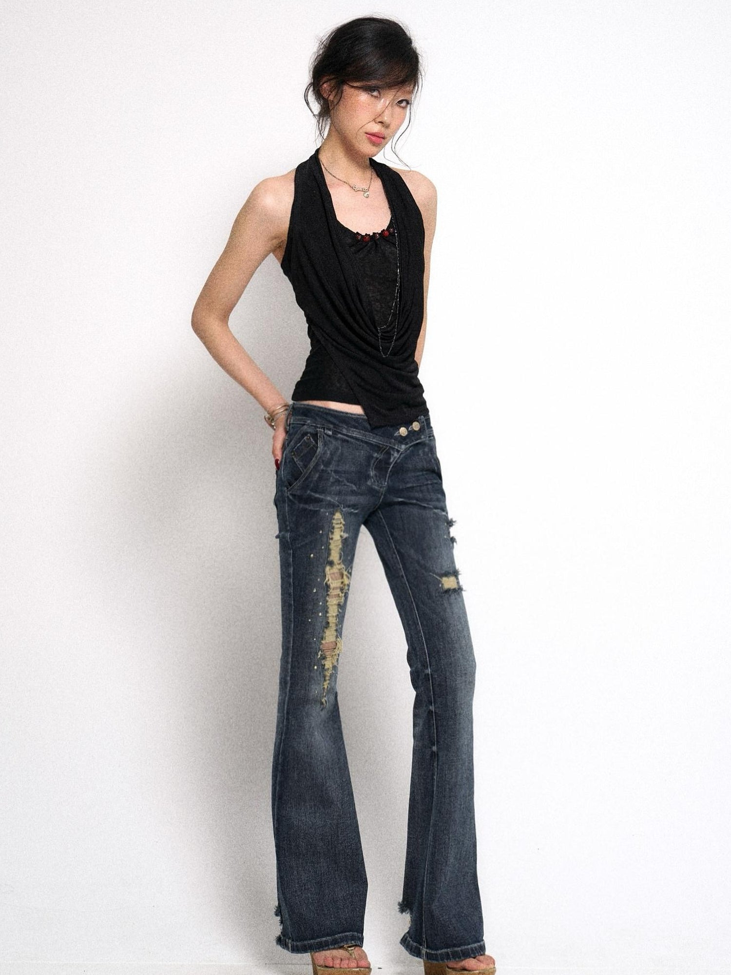 Flowers birds Market Vintage Raw Denim Flared Jeans with Distressed Detailing and Glitter