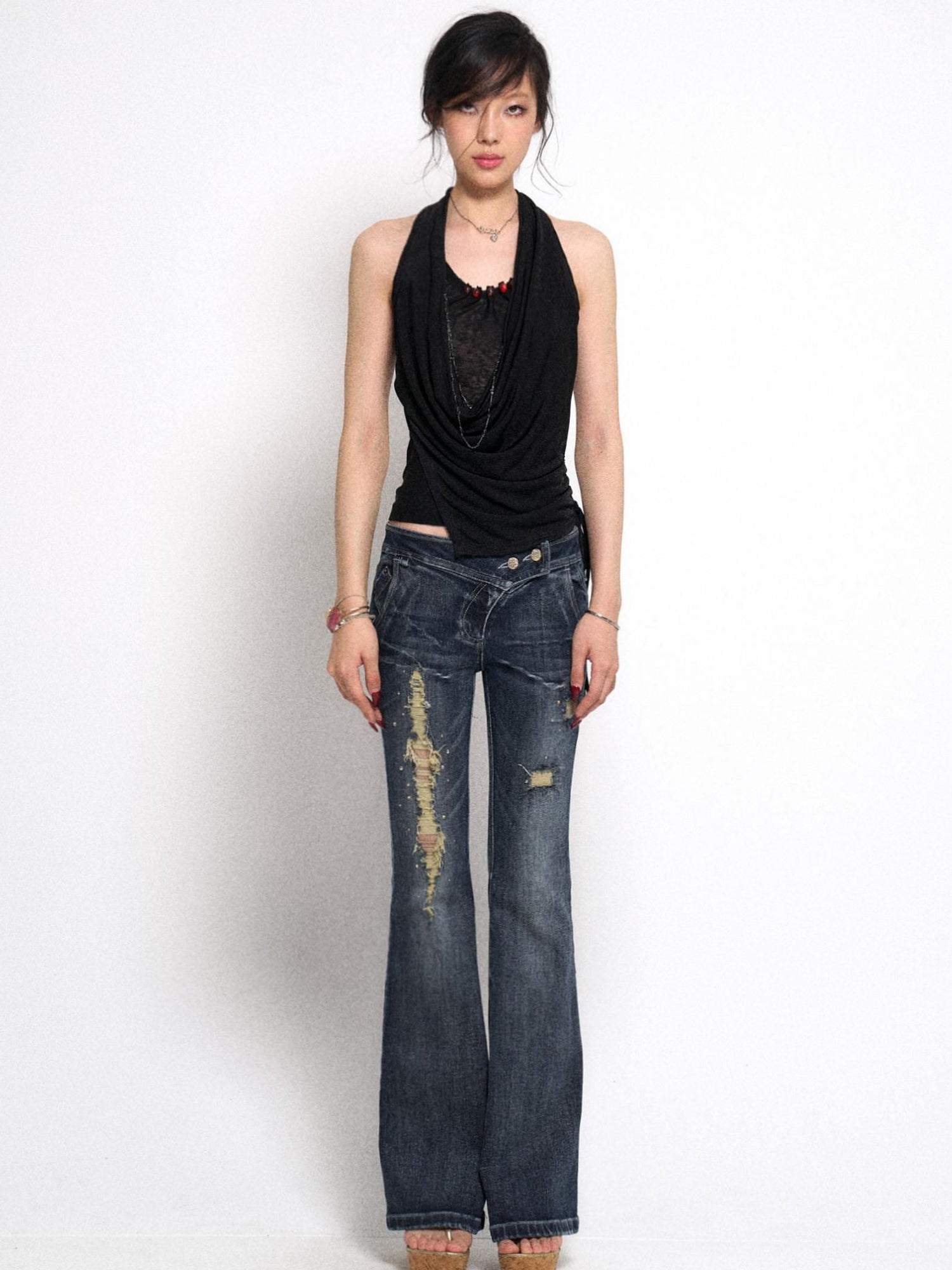 Flowers birds Market Vintage Raw Denim Flared Jeans with Distressed Detailing and Glitter