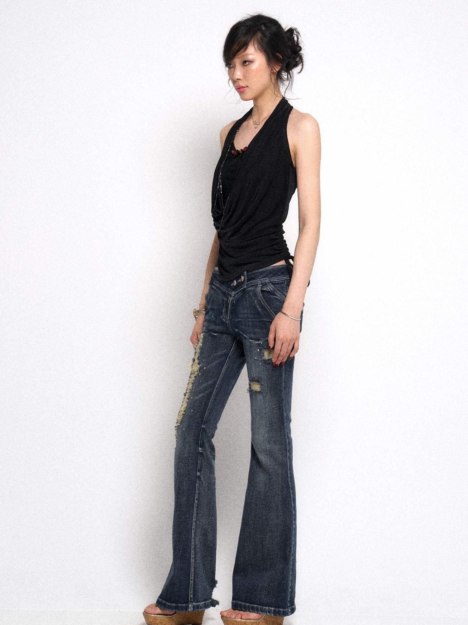 Flowers birds Market Vintage Raw Denim Flared Jeans with Distressed Detailing and Glitter