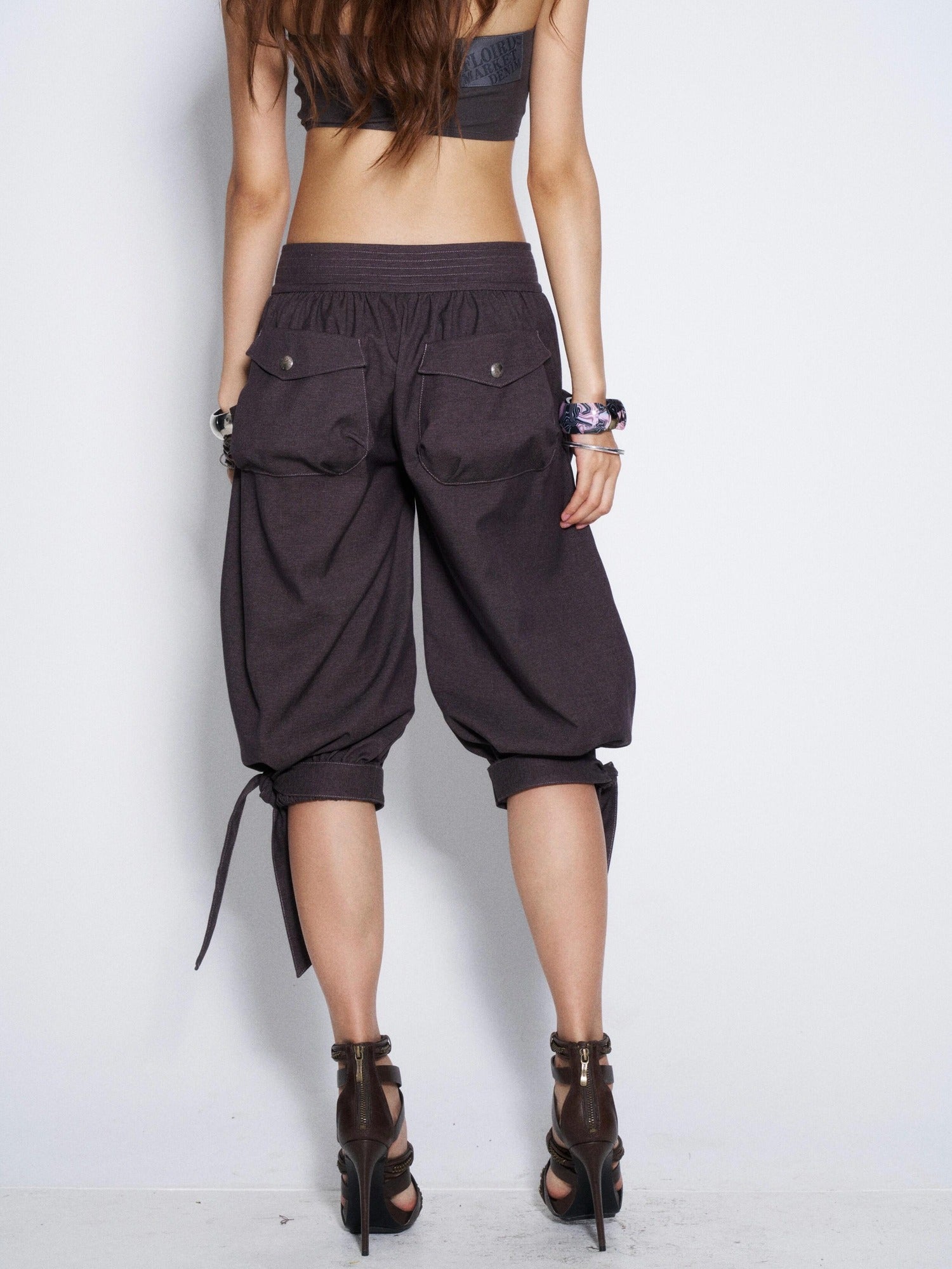 Flowers birds Market Vintage Tie Waist Lantern Leg Womens Smoky Purple Natural Waist Capri Pants