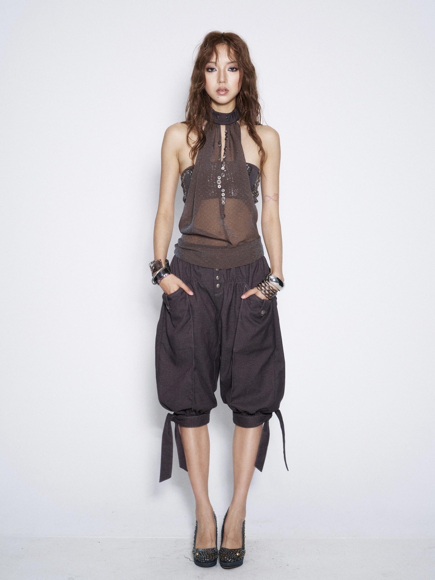 Flowers birds Market Vintage Tie Waist Lantern Leg Womens Smoky Purple Natural Waist Capri Pants
