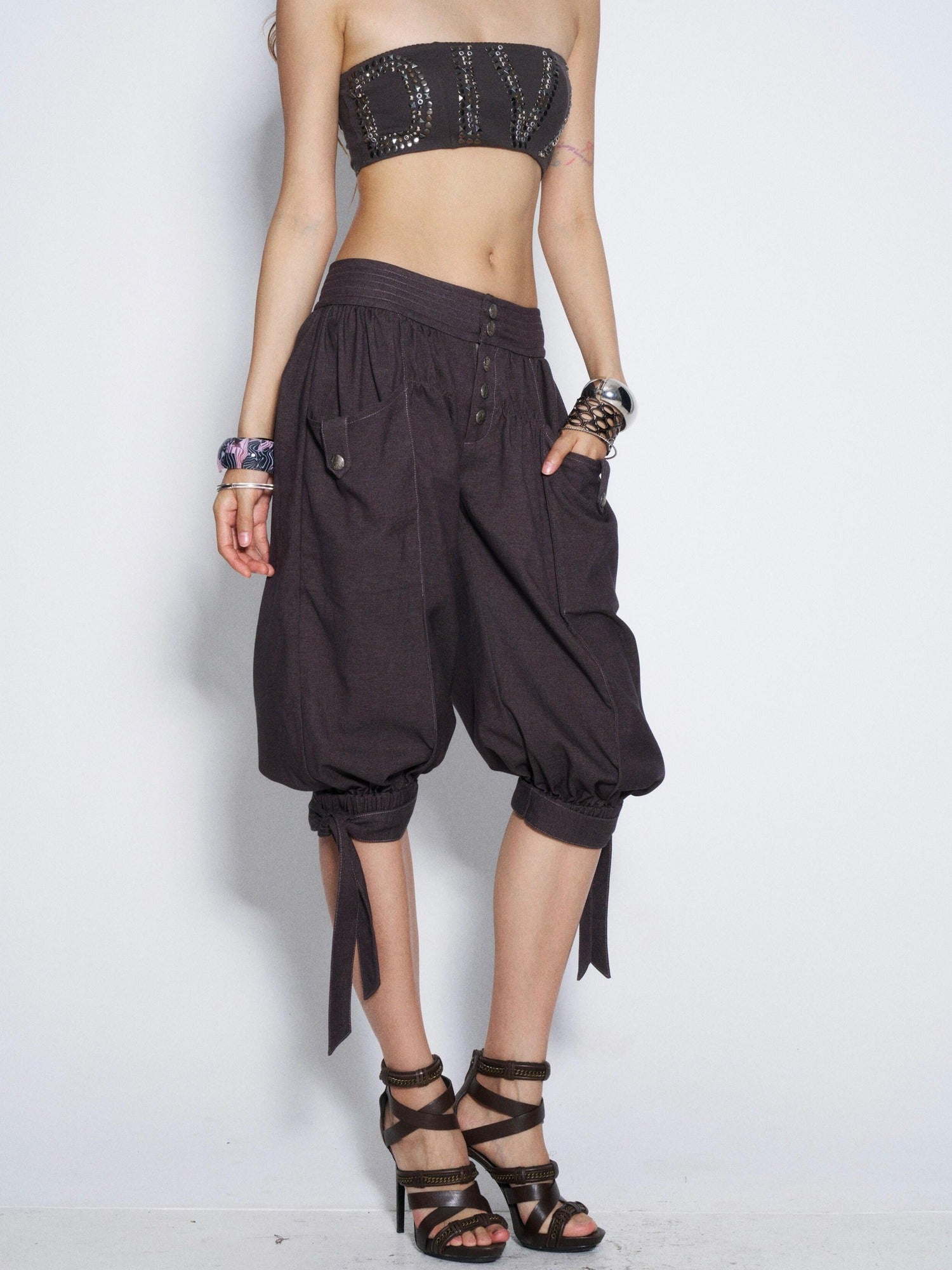 Flowers birds Market Vintage Tie Waist Lantern Leg Womens Smoky Purple Natural Waist Capri Pants
