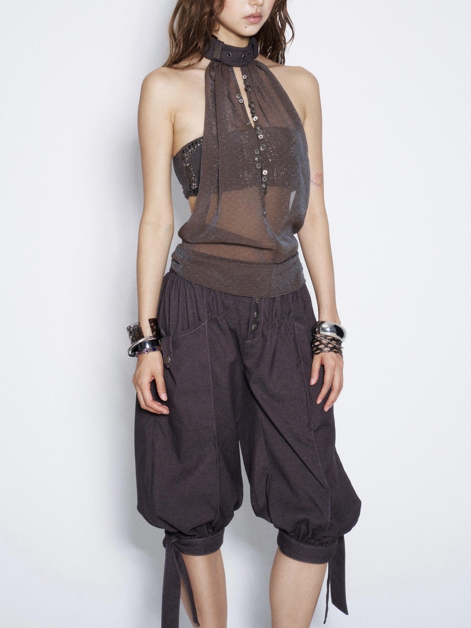 Flowers birds Market Vintage Tie Waist Lantern Leg Womens Smoky Purple Natural Waist Capri Pants
