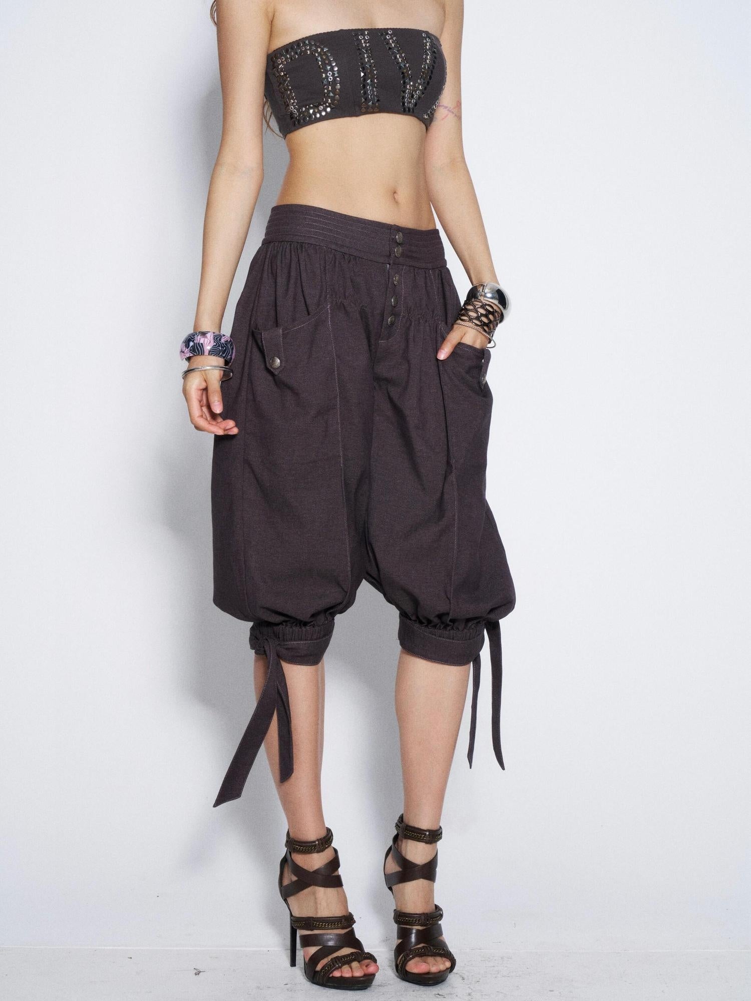 Flowers birds Market Vintage Tie Waist Lantern Leg Womens Smoky Purple Natural Waist Capri Pants