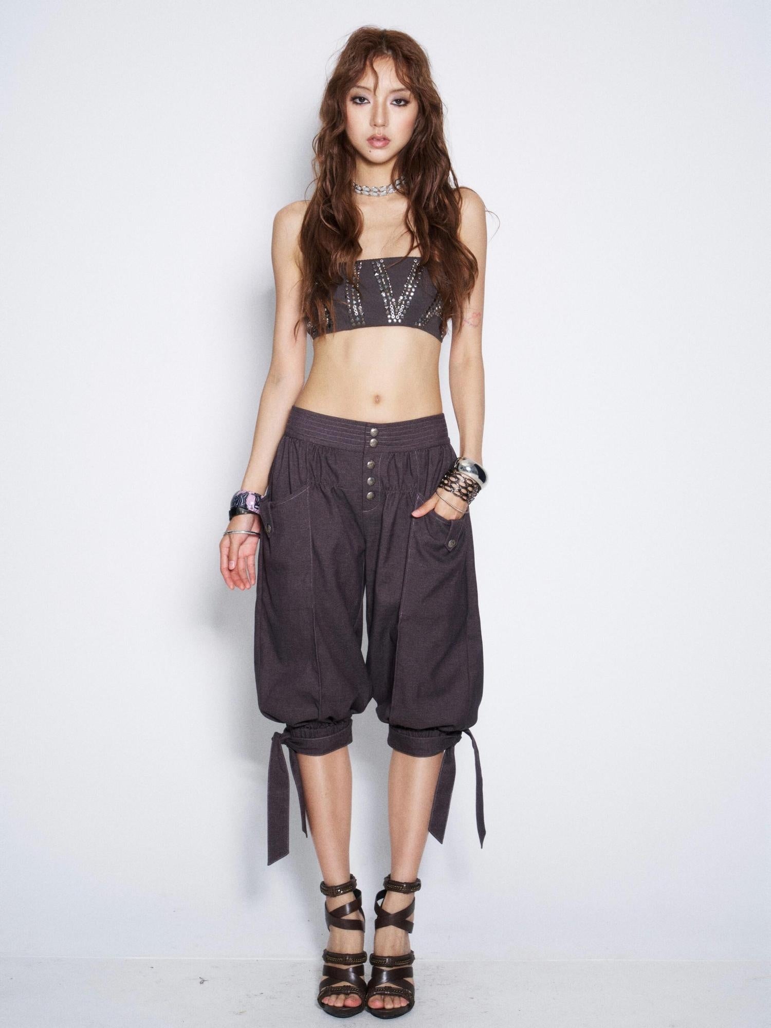 Flowers birds Market Vintage Tie Waist Lantern Leg Womens Smoky Purple Natural Waist Capri Pants