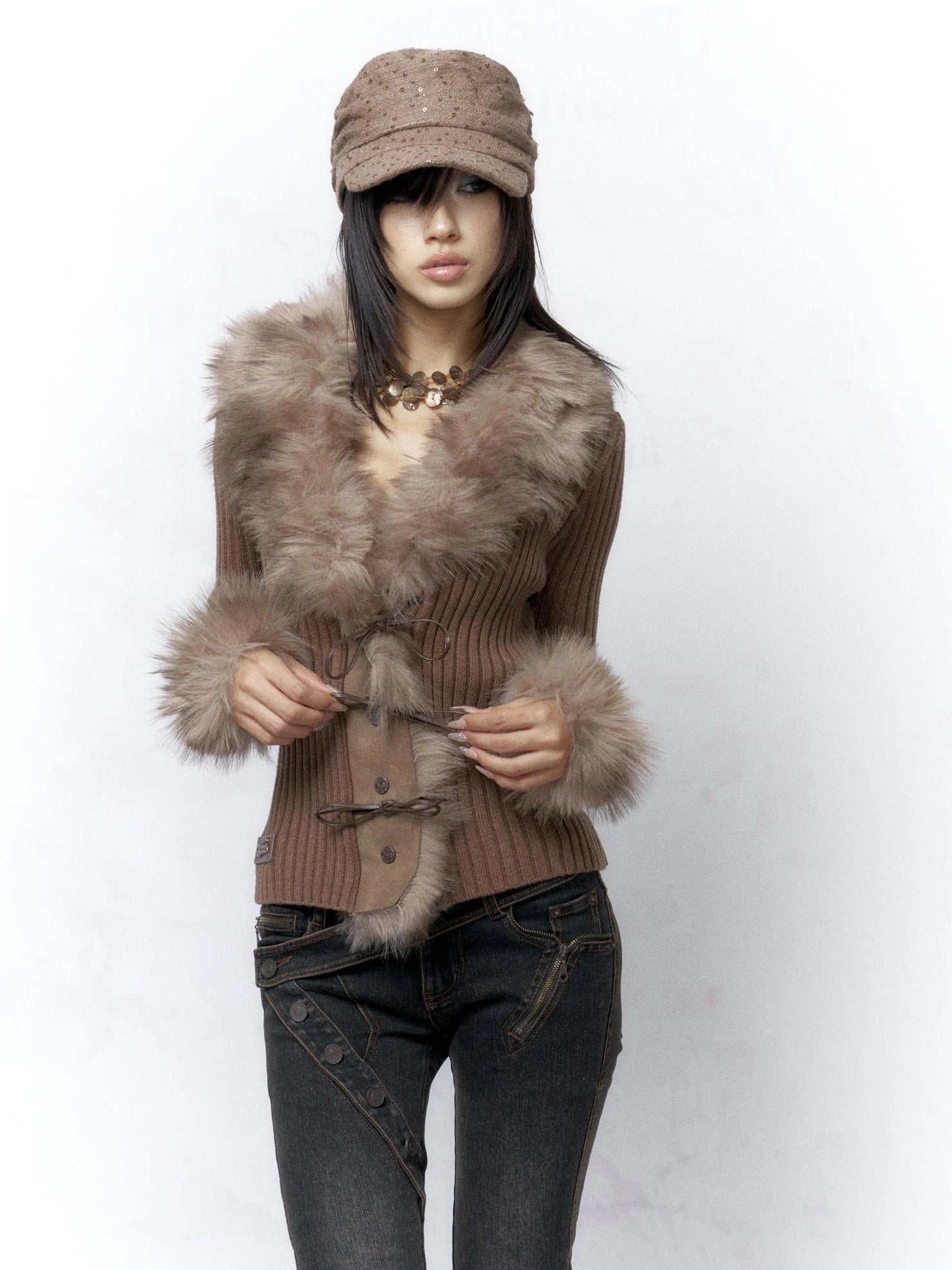 Flowers birds Market Warm Knit Button Front Cardigan Long Sleeve Faux Fur Collar Camel Women Sweater