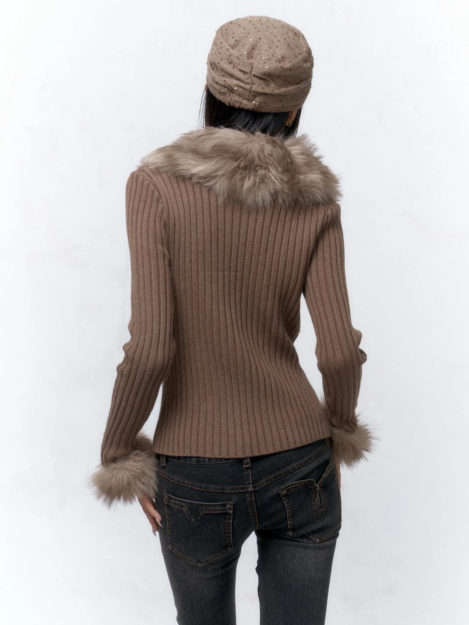 Flowers birds Market Warm Knit Button Front Cardigan Long Sleeve Faux Fur Collar Camel Women Sweater