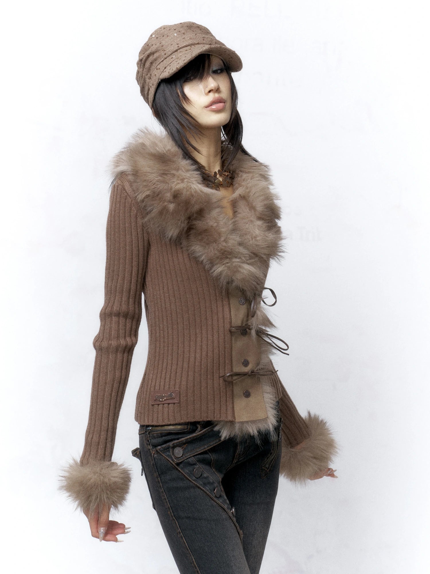 Flowers birds Market Warm Knit Button Front Cardigan Long Sleeve Faux Fur Collar Camel Women Sweater