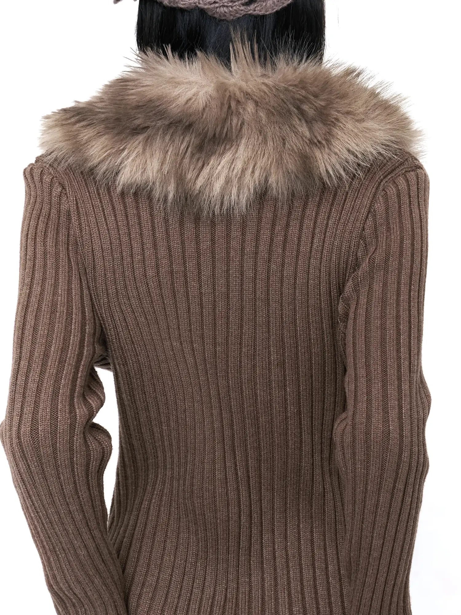 Flowers birds Market Warm Knit Button Front Cardigan Long Sleeve Faux Fur Collar Camel Women Sweater