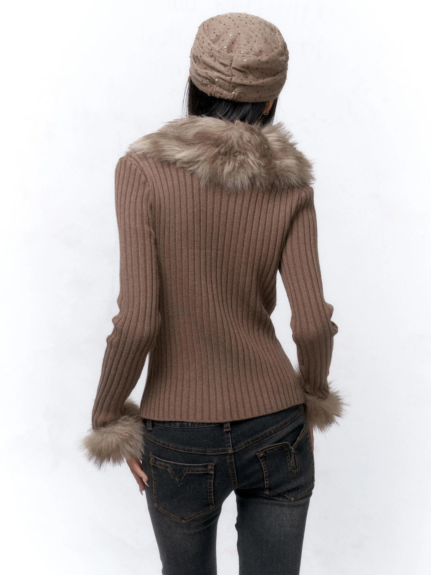 Flowers birds Market Warm Knit Button Front Cardigan Long Sleeve Faux Fur Collar Camel Women Sweater