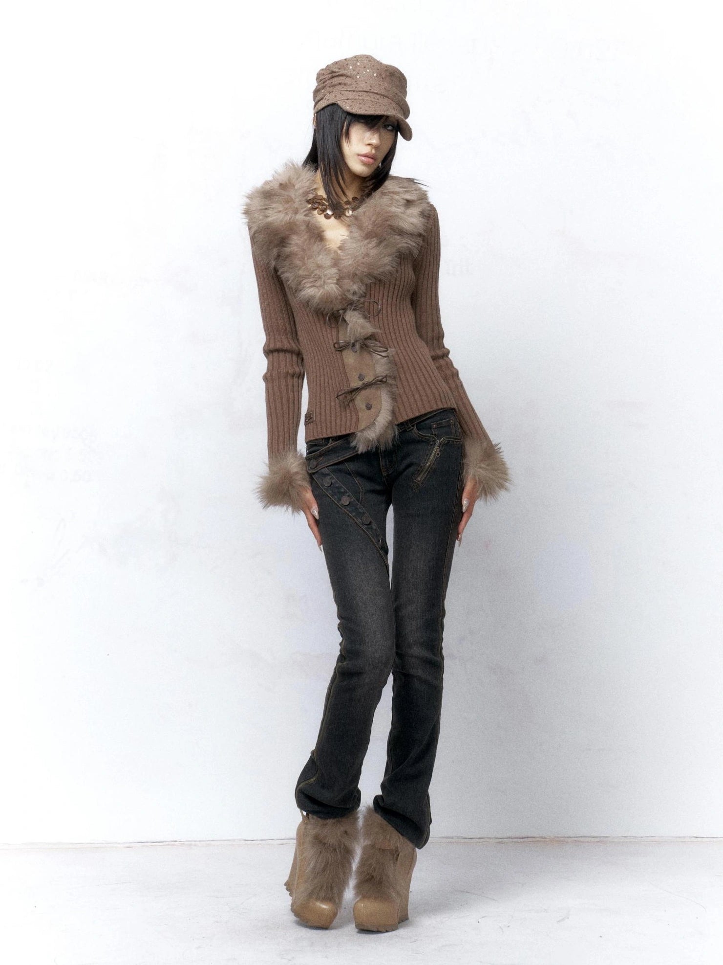 Flowers birds Market Warm Knit Button Front Cardigan Long Sleeve Faux Fur Collar Camel Women Sweater