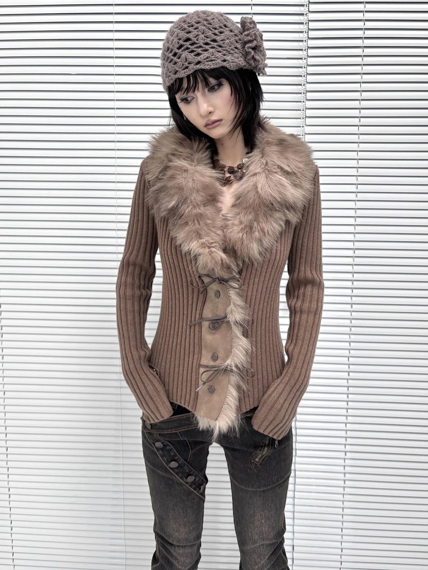 Flowers birds Market Warm Knit Button Front Cardigan Long Sleeve Faux Fur Collar Camel Women Sweater