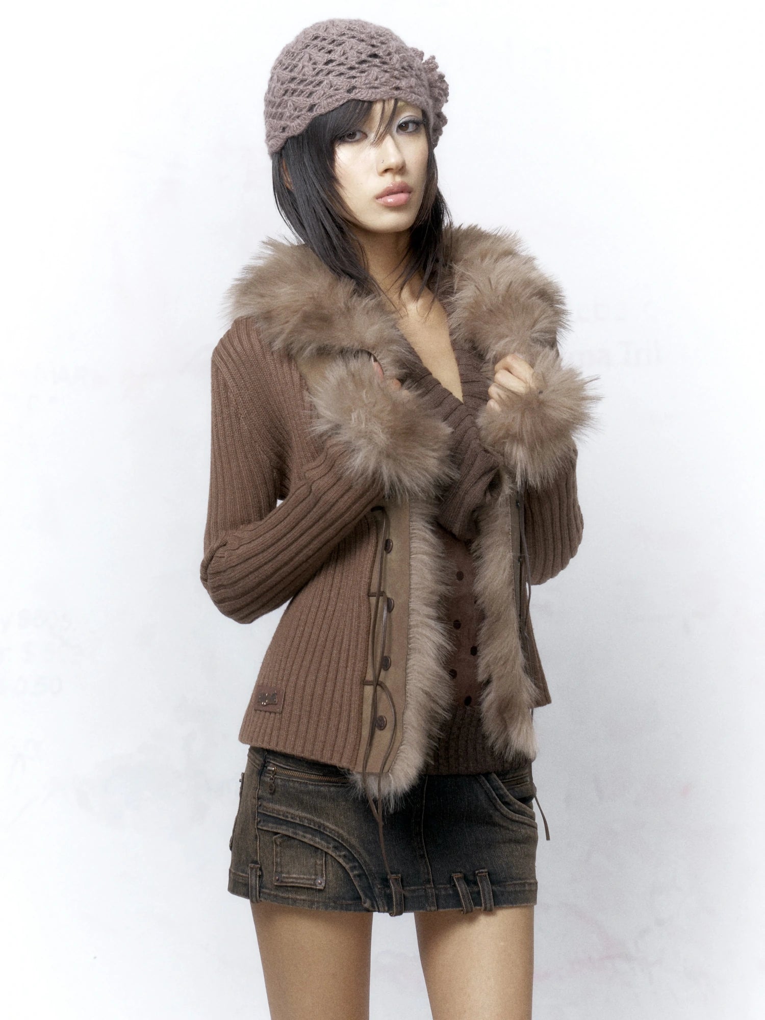 Flowers birds Market Warm Knit Button Front Cardigan Long Sleeve Faux Fur Collar Camel Women Sweater