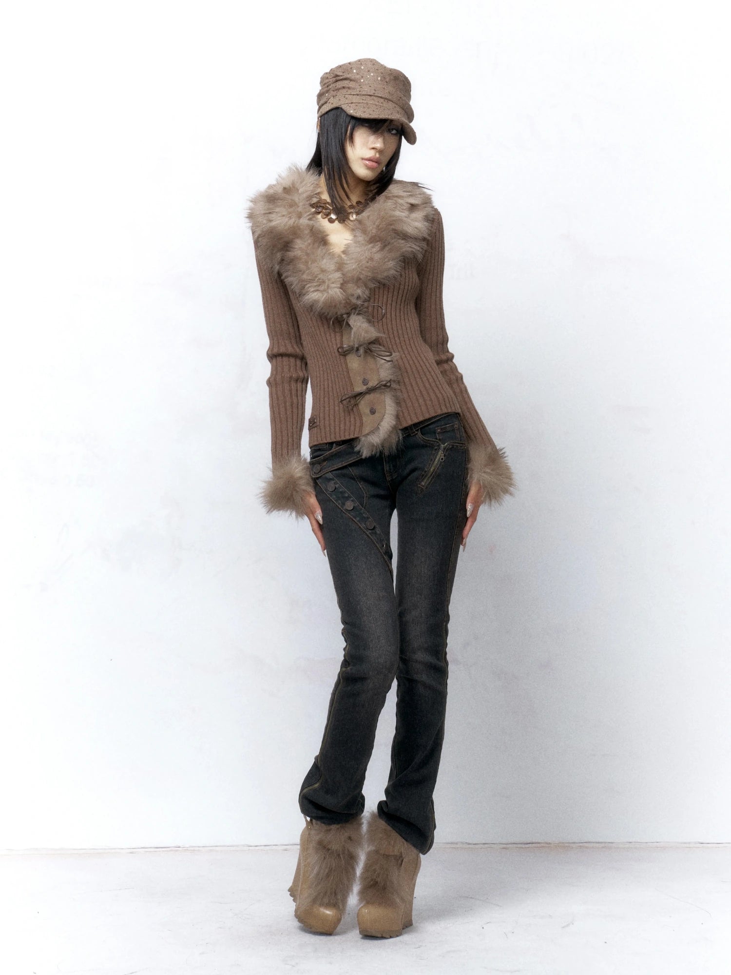 Flowers birds Market Warm Knit Button Front Cardigan Long Sleeve Faux Fur Collar Camel Women Sweater