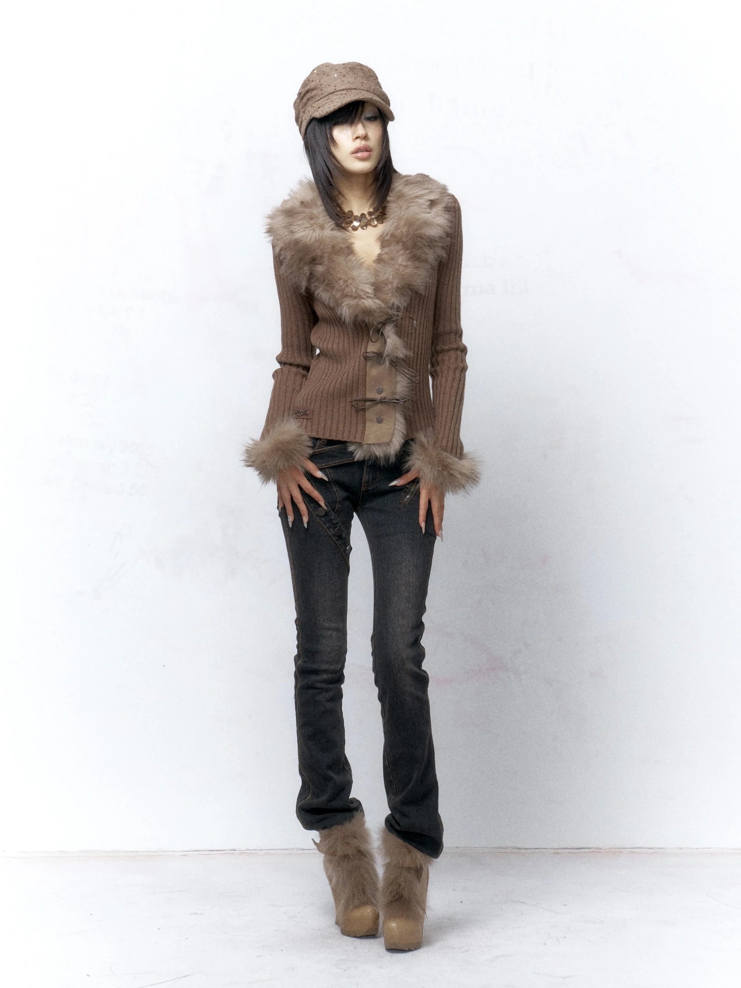 Flowers birds Market Warm Knit Button Front Cardigan Long Sleeve Faux Fur Collar Camel Women Sweater