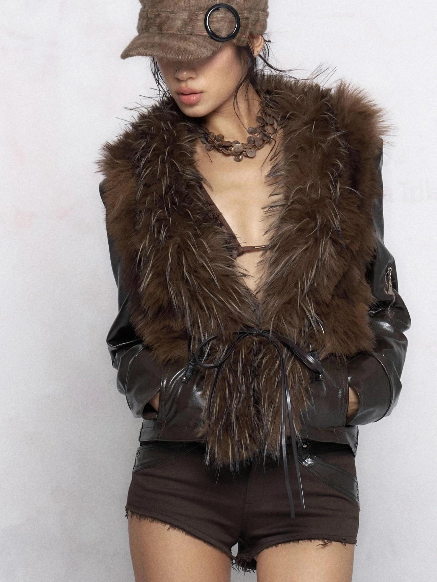 Flowers birds Market Warm Slim Fit Fur Collar Long Sleeve Zip Up Women Commuter Outerwear Jacket