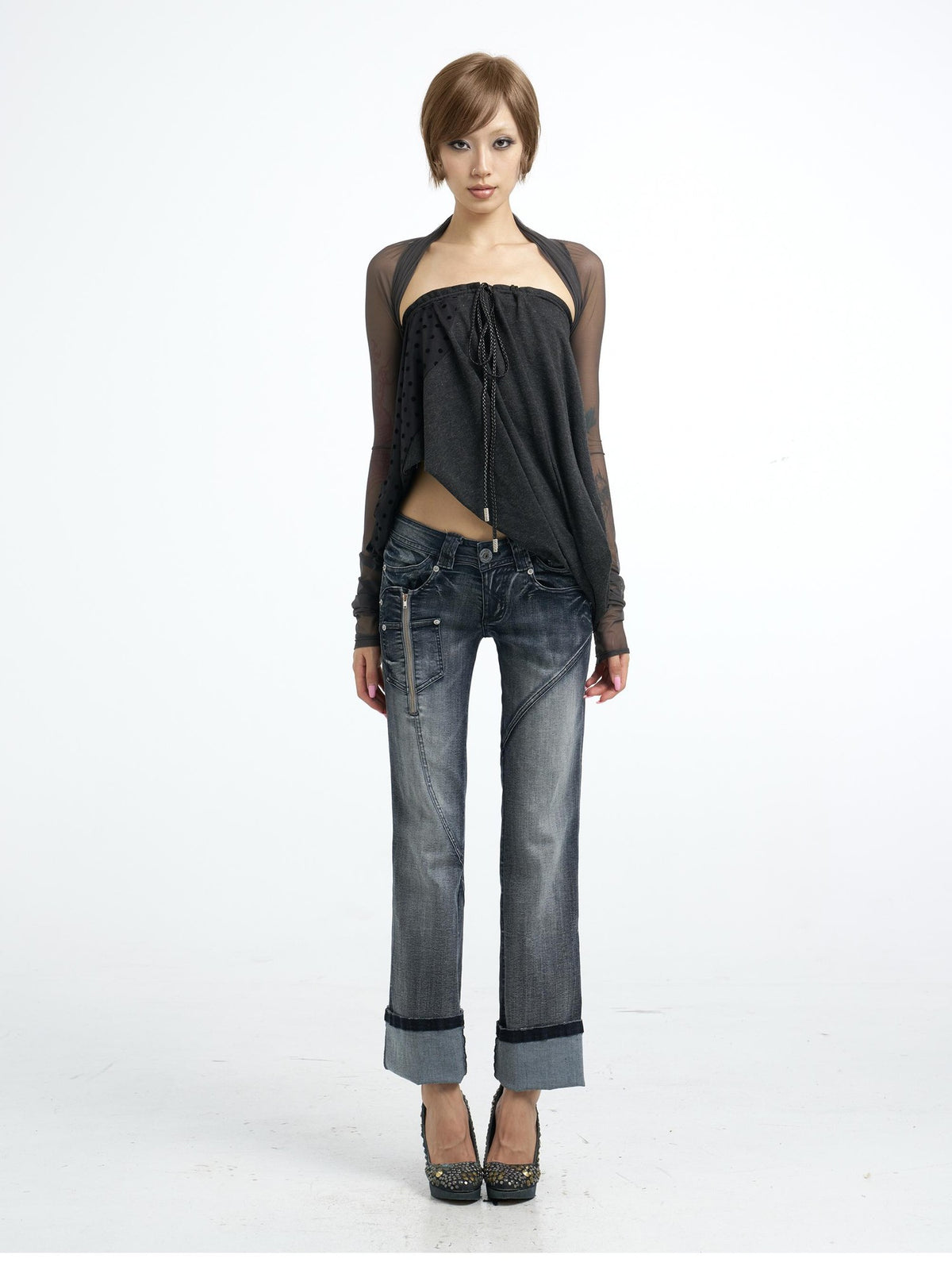 Flowers birds Market Washed Zip Split Slim Fit Women&