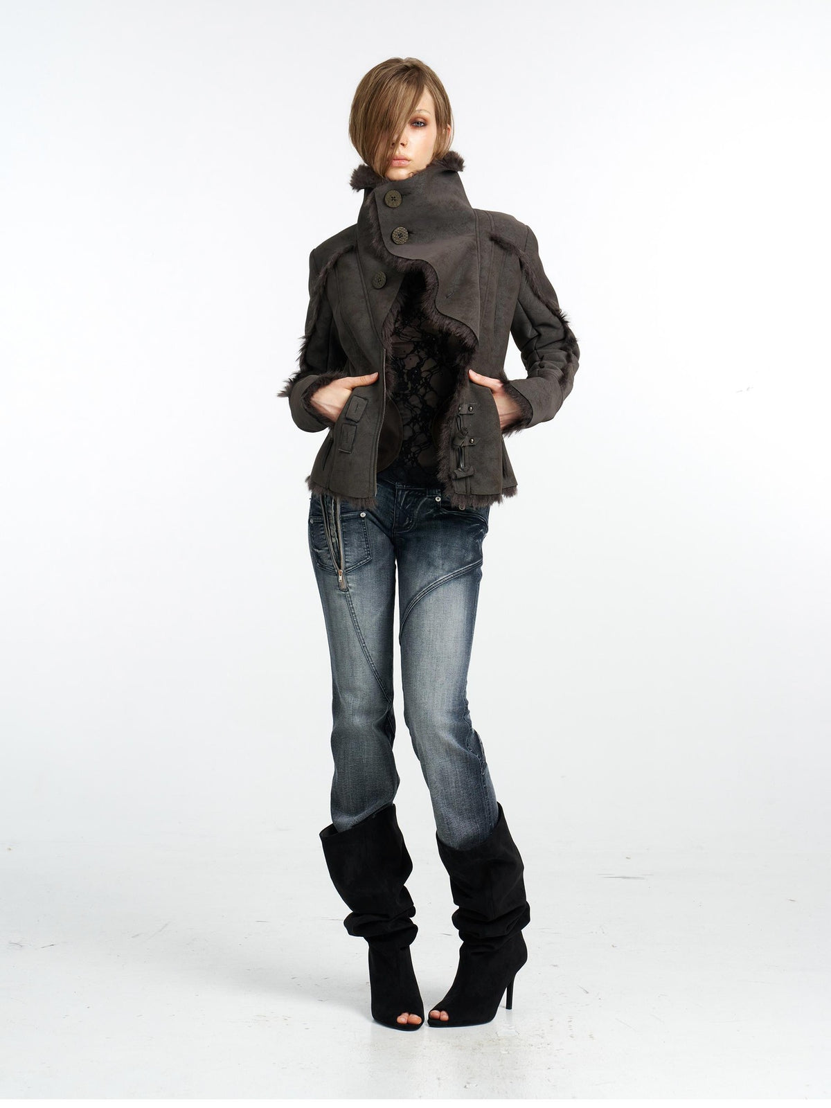 Flowers birds Market Washed Zip Split Slim Fit Women&