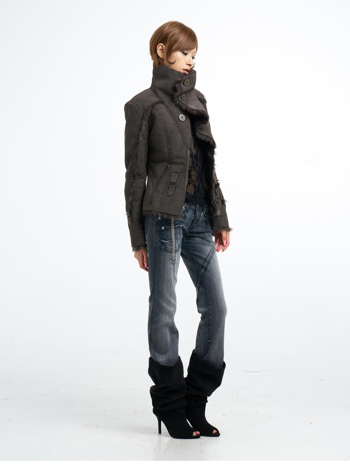 Flowers birds Market Washed Zip Split Slim Fit Women&