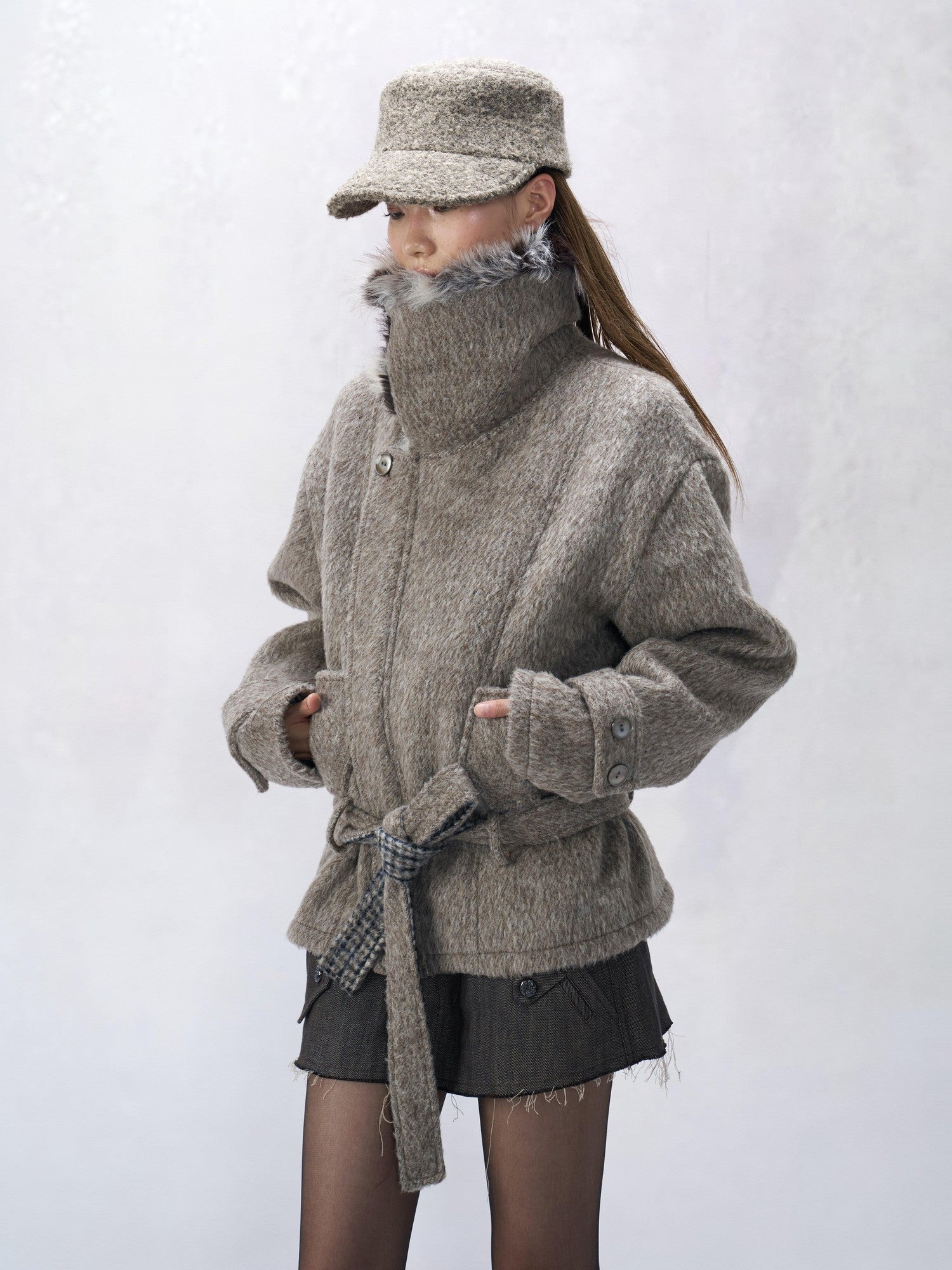 Flowers birds Market Wool Blend Retro Cropped Lapel Long Sleeve Young Women Oatmeal Short Coats