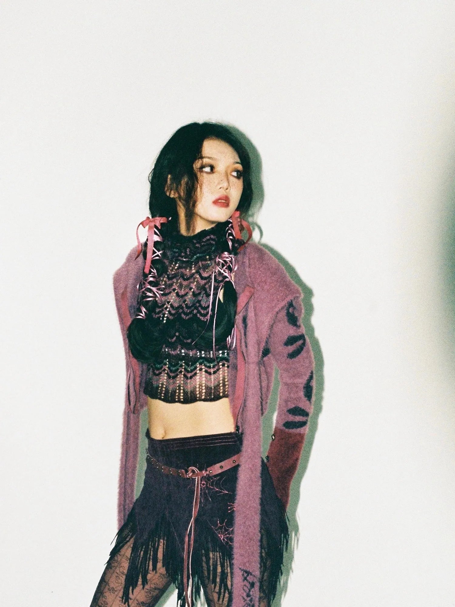 Y2K Skull Print Faux Shearling Moto Jacket