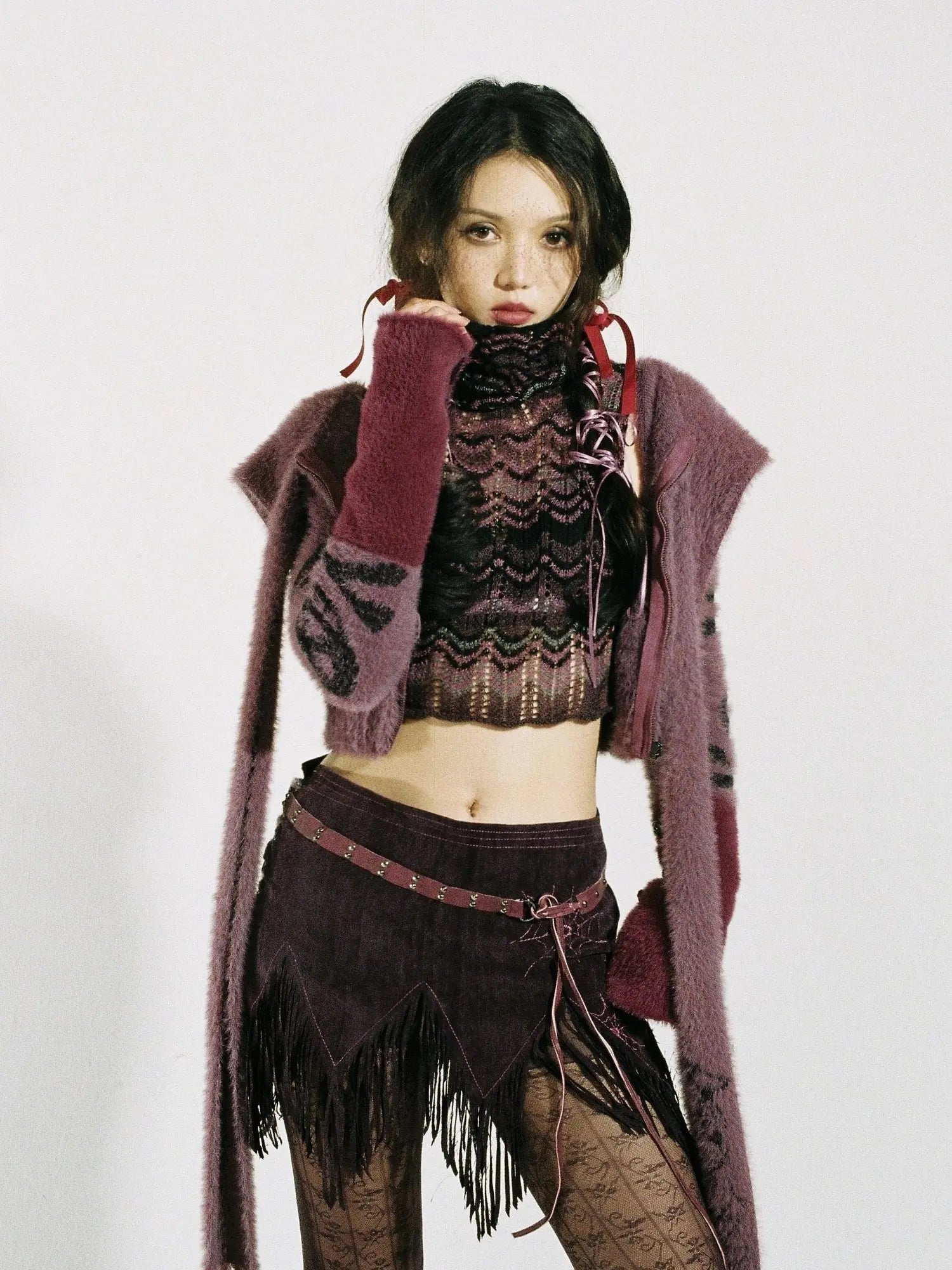 Y2K Skull Print Faux Shearling Moto Jacket