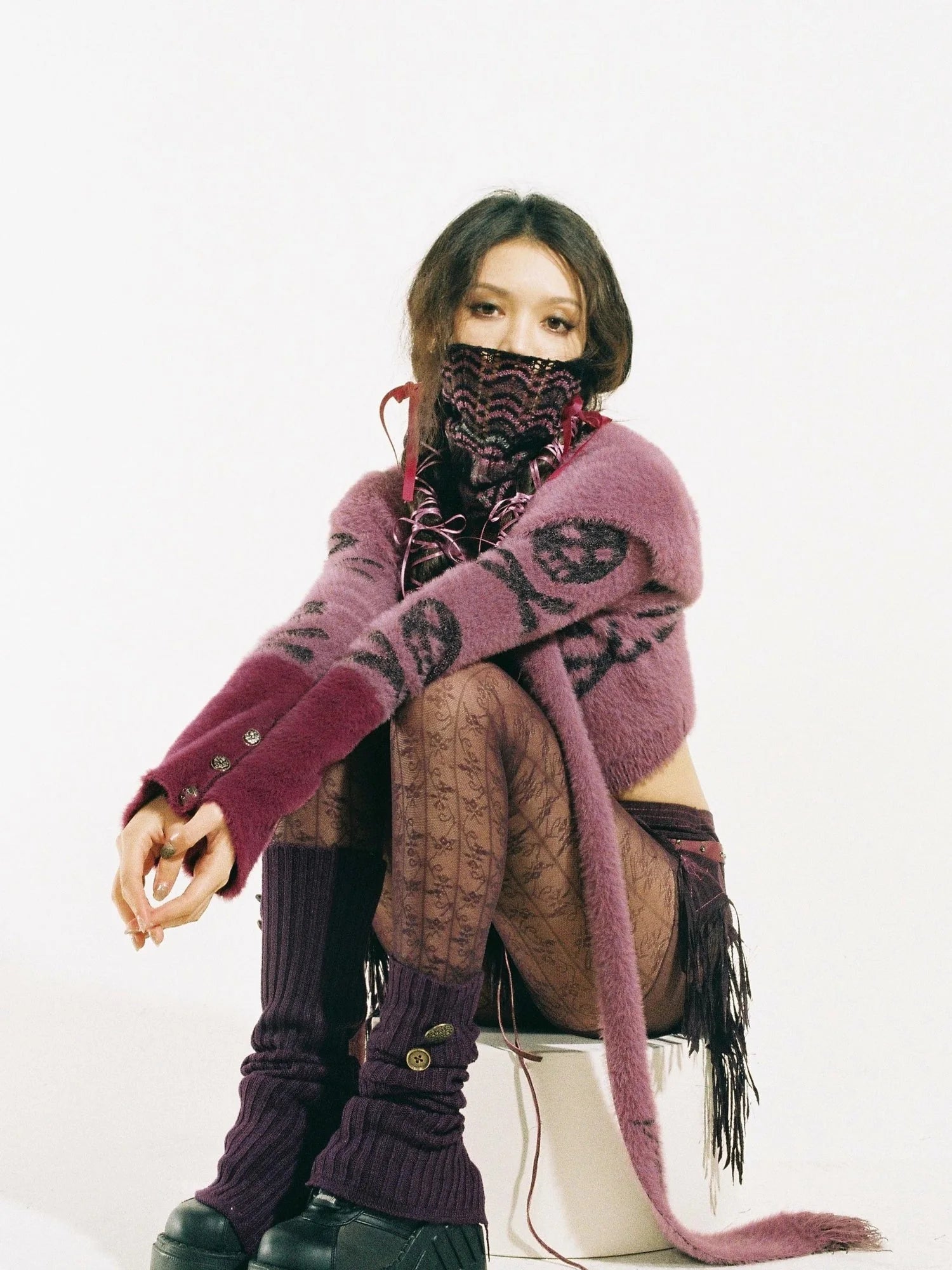 Y2K Skull Print Faux Shearling Moto Jacket