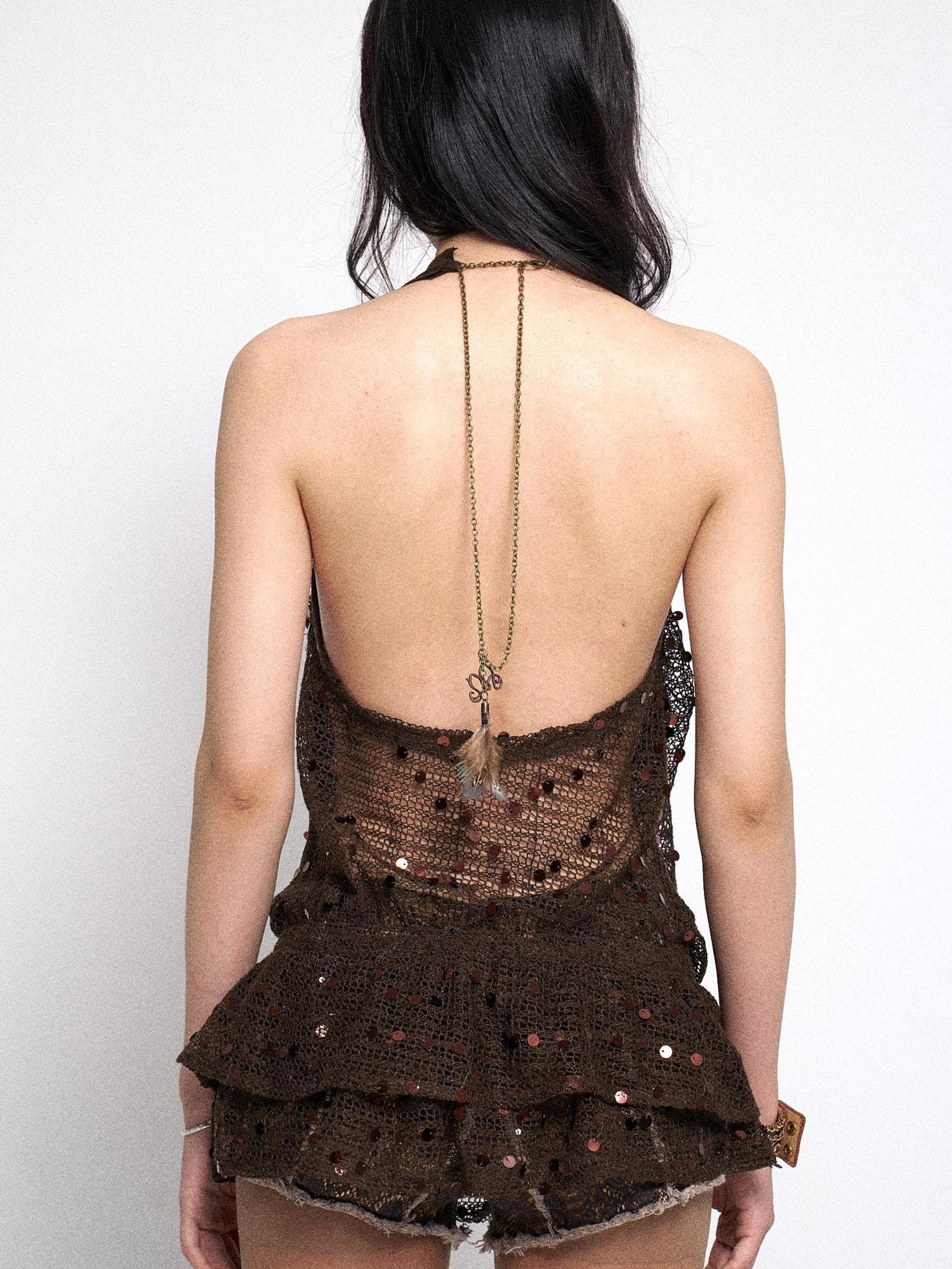 Flowers birds Market Y2K Sheer Mesh Slit Hollow Out Backless Halter Slip Dress