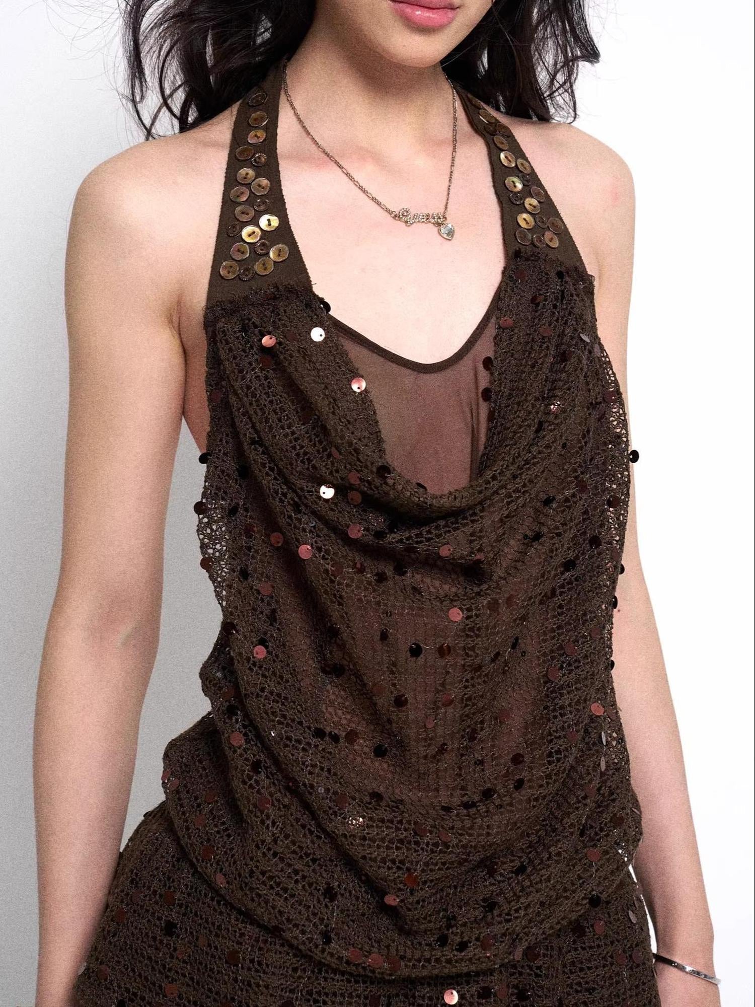 Flowers birds Market Y2K Sheer Mesh Slit Hollow Out Backless Halter Slip Dress