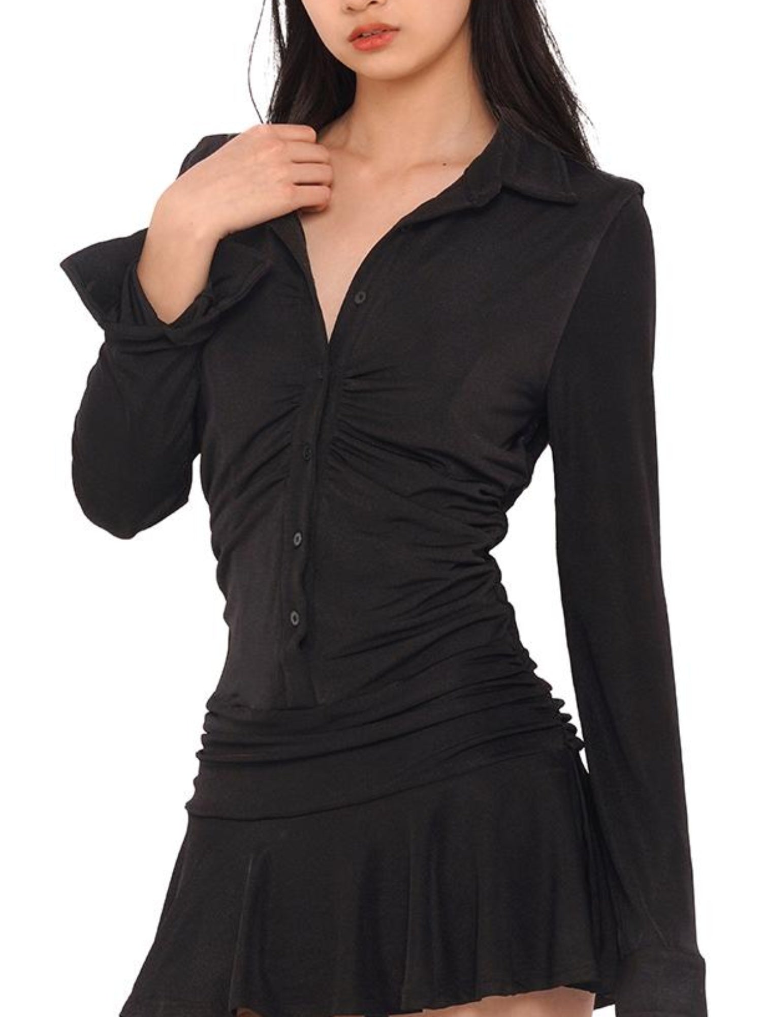 SweetChilling Flowy Casual Drop Waist Pleated Shirt Collar Dress