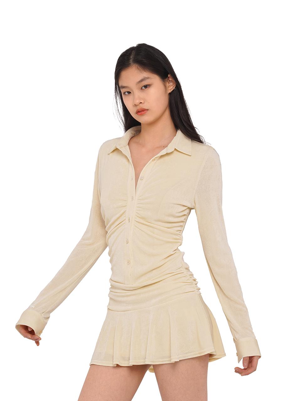 SweetChilling Flowy Casual Drop Waist Pleated Shirt Collar Dress
